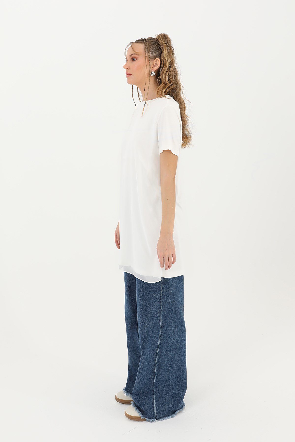 Kadın Basic Uzun T-Shirt -10271TUN Ekru Tunik Puane 