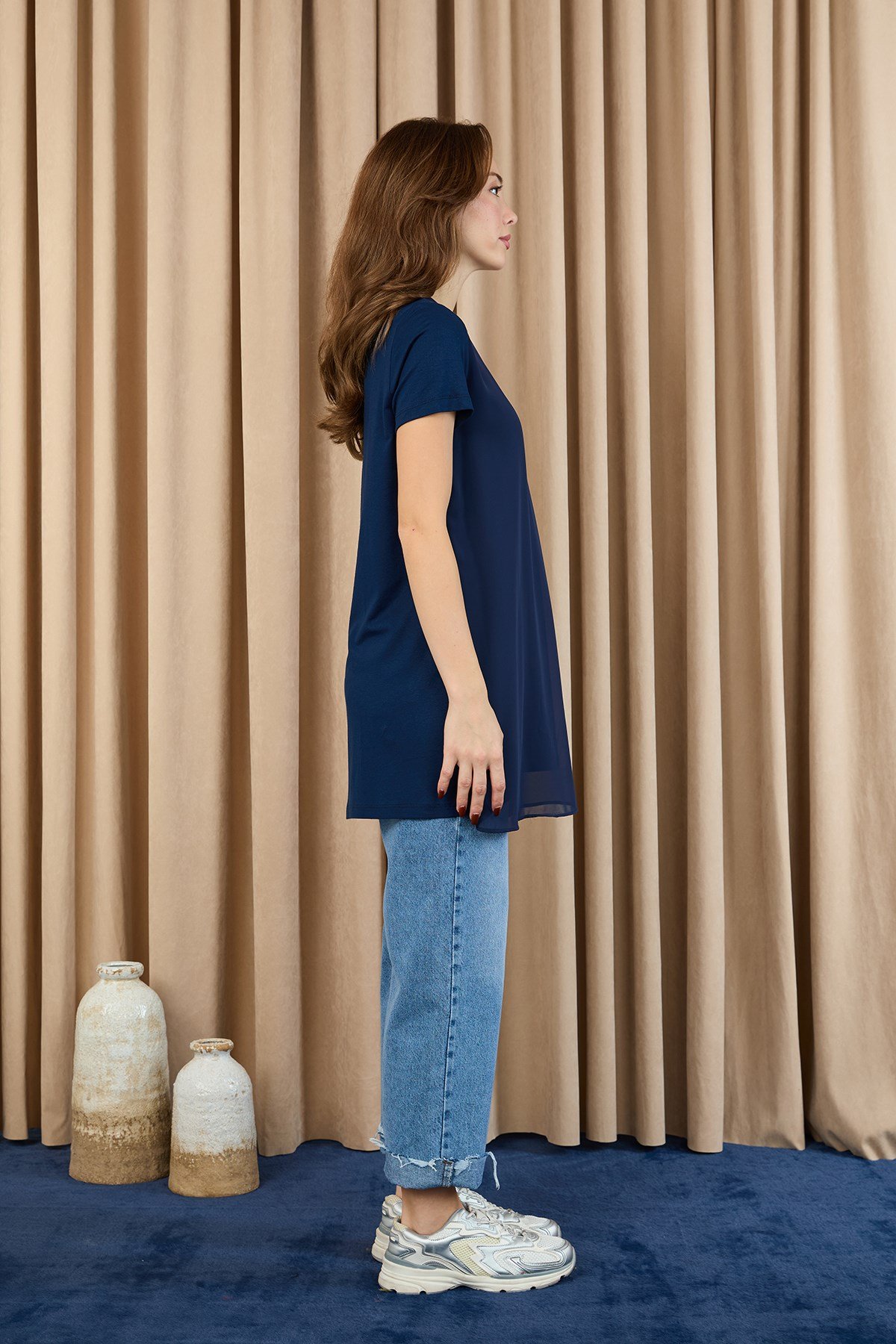 Kadın Basic Uzun T-Shirt -10271TUN Lacivert Tunik Puane 