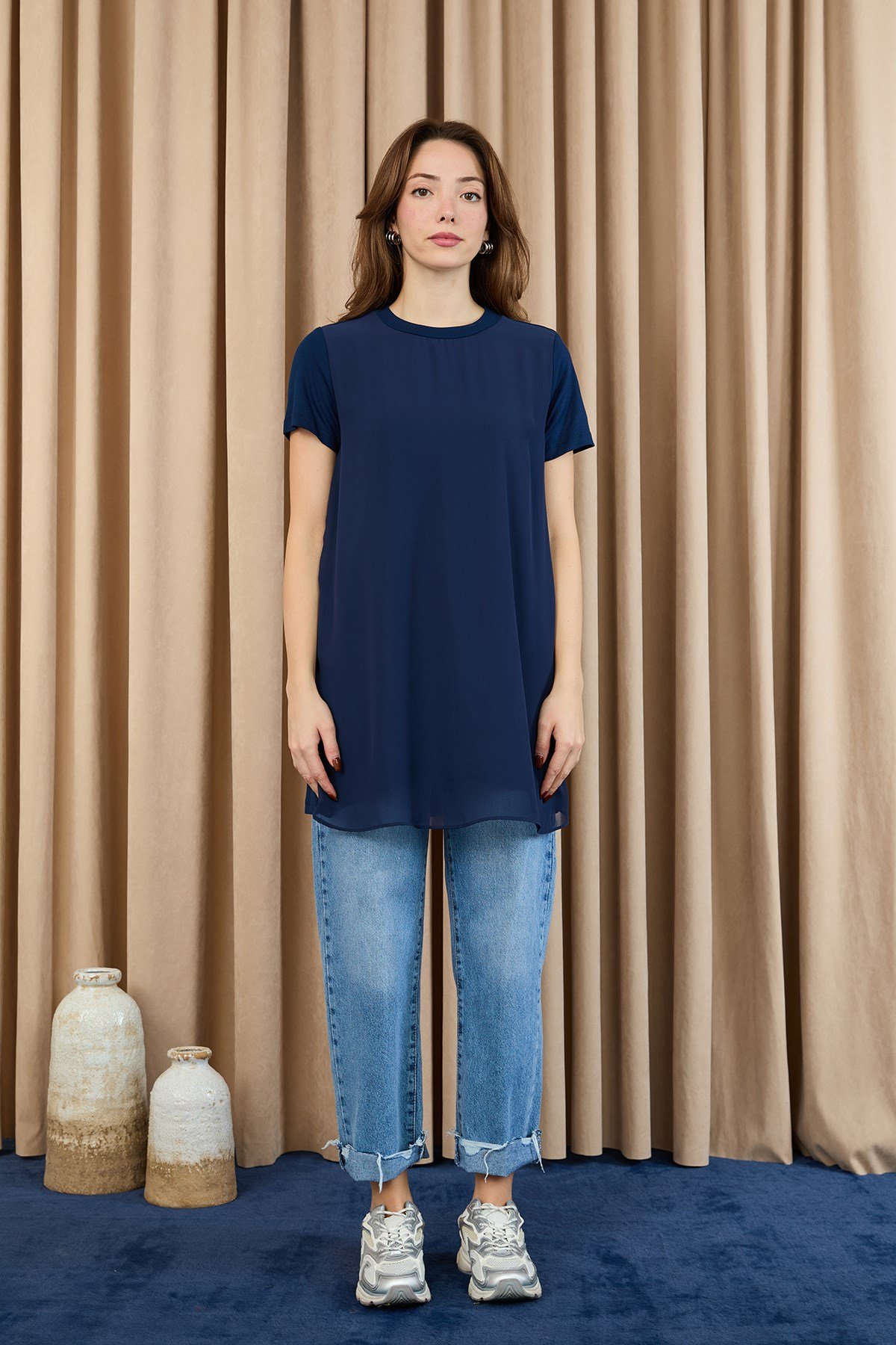 Kadın Basic Uzun T-Shirt -10271TUN Lacivert Tunik Puane 