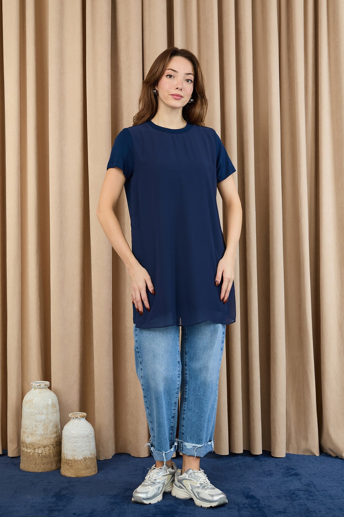 Kadın Basic Uzun T-Shirt -10271TUN - Lacivert Tunik Puane 