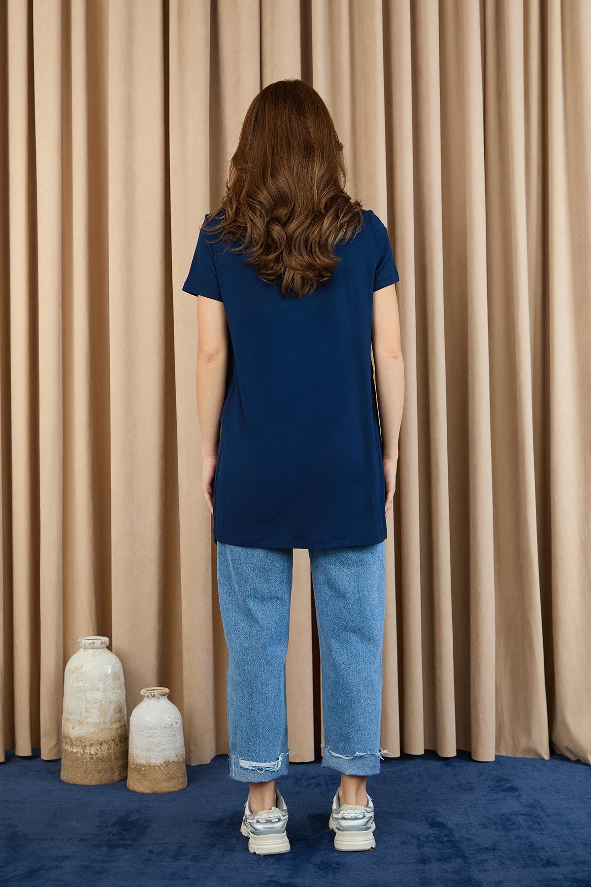 Kadın Basic Uzun T-Shirt -10271TUN Lacivert Tunik Puane 