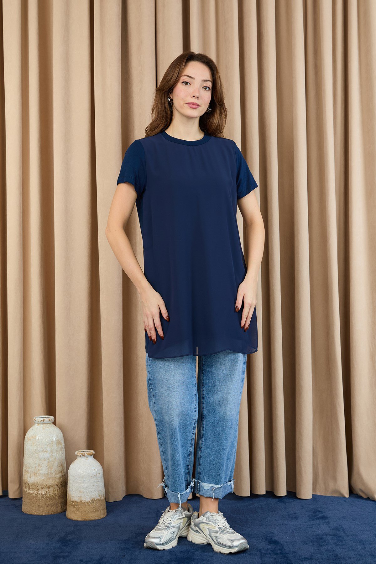 Kadın Basic Uzun T-Shirt -10271TUN Lacivert Tunik Puane 