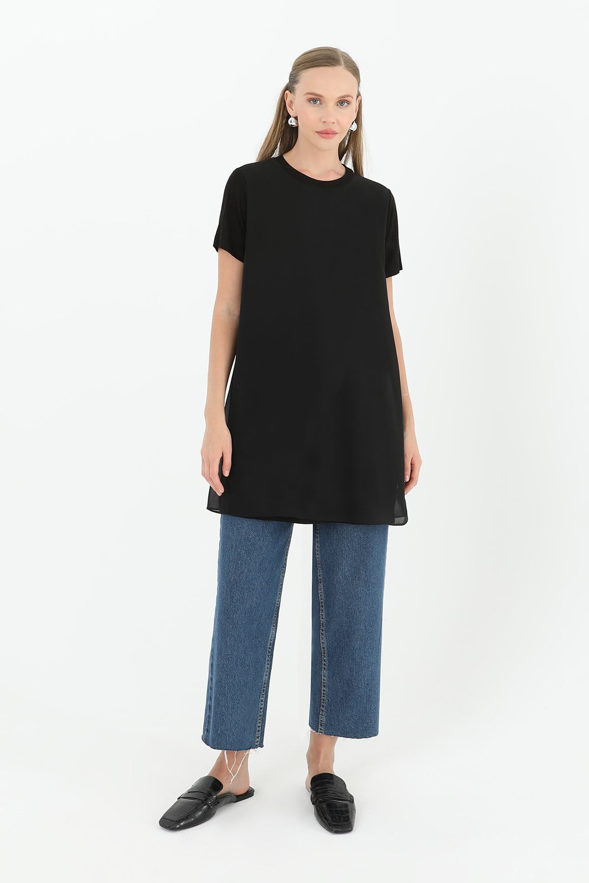 Kadın Basic Uzun T-Shirt -10271TUN Siyah Tunik Puane 