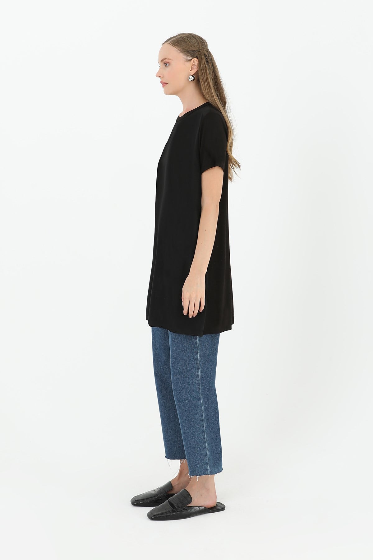 Kadın Basic Uzun T-Shirt -10271TUN Siyah Tunik Puane 