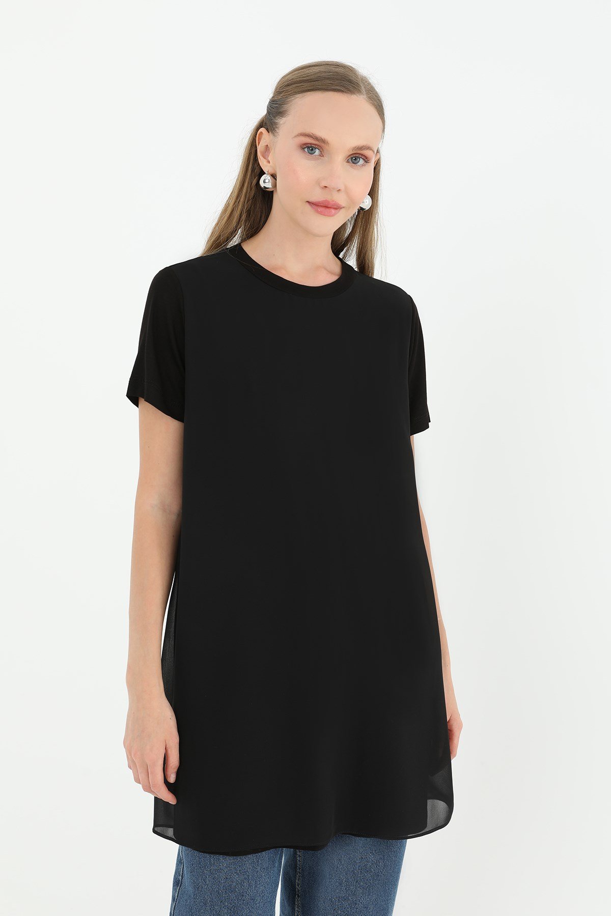 Kadın Basic Uzun T-Shirt -10271TUN Siyah Tunik Puane 
