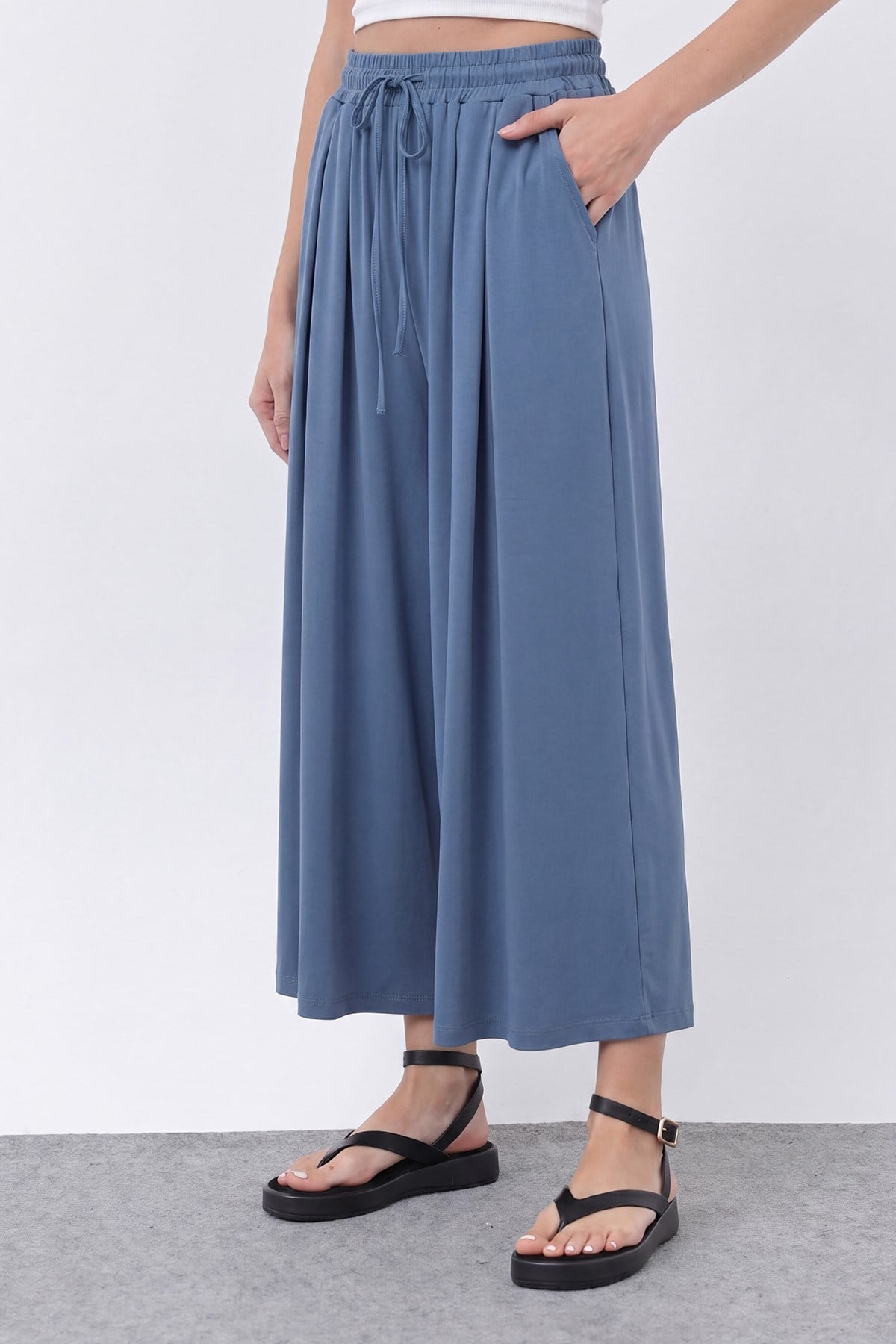 Kadın Beli Kuşaklı Etek Görünümlü Pantolon - 20664PNT - İndigo Pantolon Loreen 