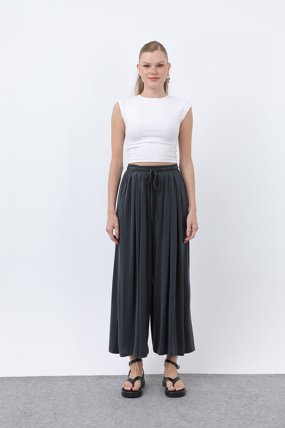 Kadın Beli Kuşaklı Etek Görünümlü Pantolon - 20664PNT - Antrasit Pantolon Loreen 