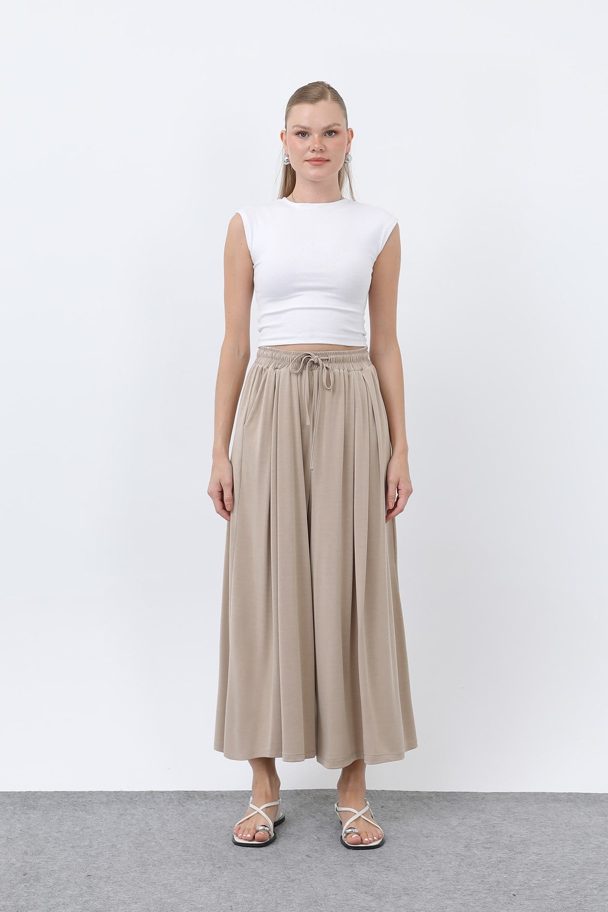 Kadın Beli Kuşaklı Etek Görünümlü Pantolon - 20664PNT - Bej Pantolon Loreen 