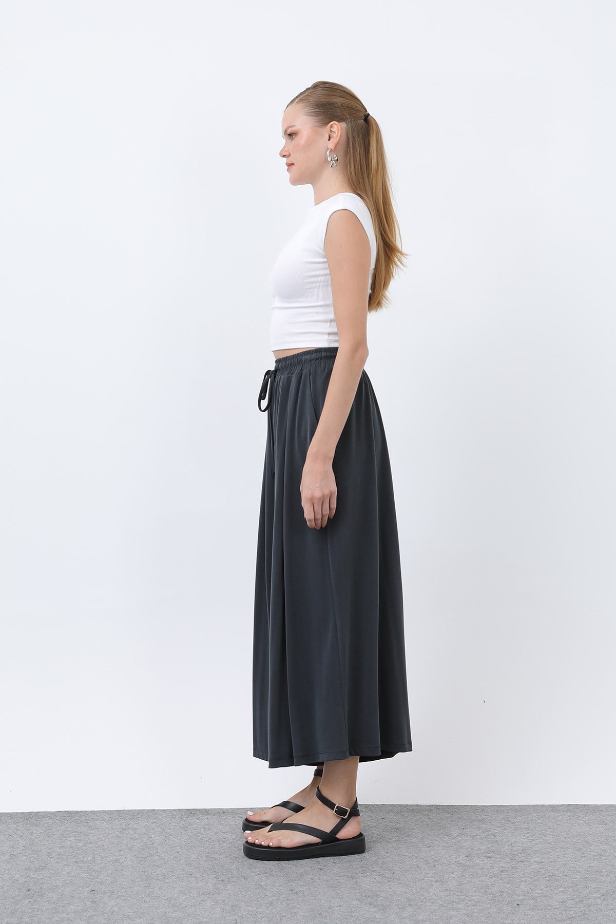 Kadın Beli Kuşaklı Etek Görünümlü Pantolon - 20664PNT - Antrasit Pantolon Loreen 