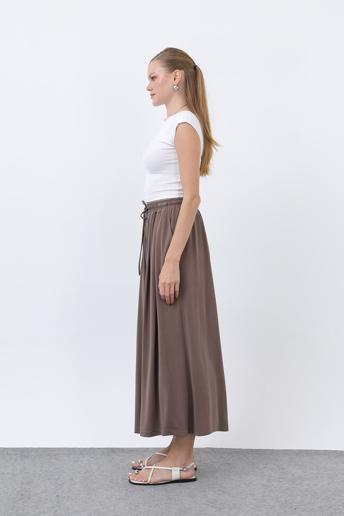 Kadın Beli Kuşaklı Etek Görünümlü Pantolon - 20664PNT - Kahverengi Pantolon Loreen 