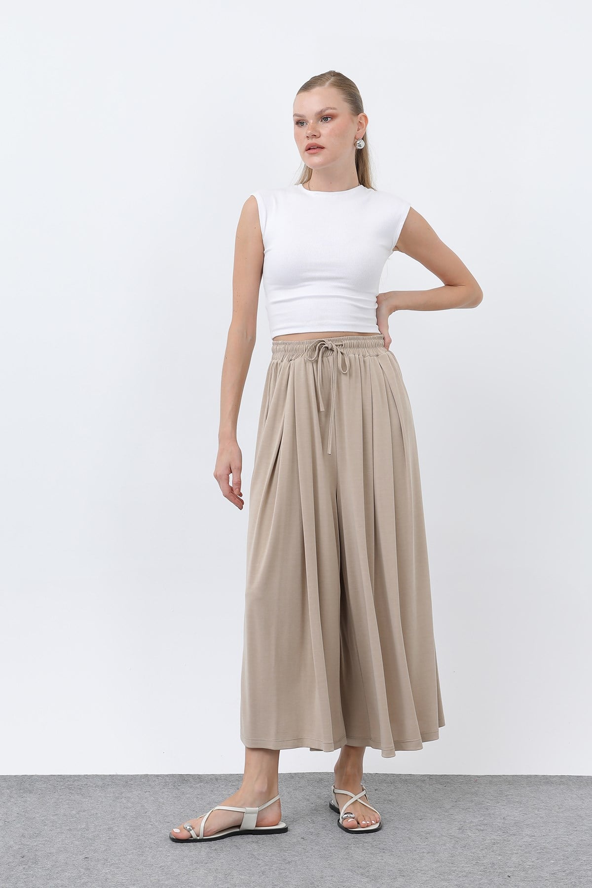 Kadın Beli Kuşaklı Etek Görünümlü Pantolon - 20664PNT - Bej Pantolon Loreen 