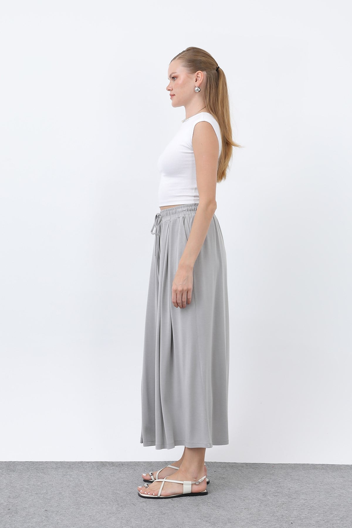 Kadın Beli Kuşaklı Etek Görünümlü Pantolon - 20664PNT - Gri Pantolon Loreen 