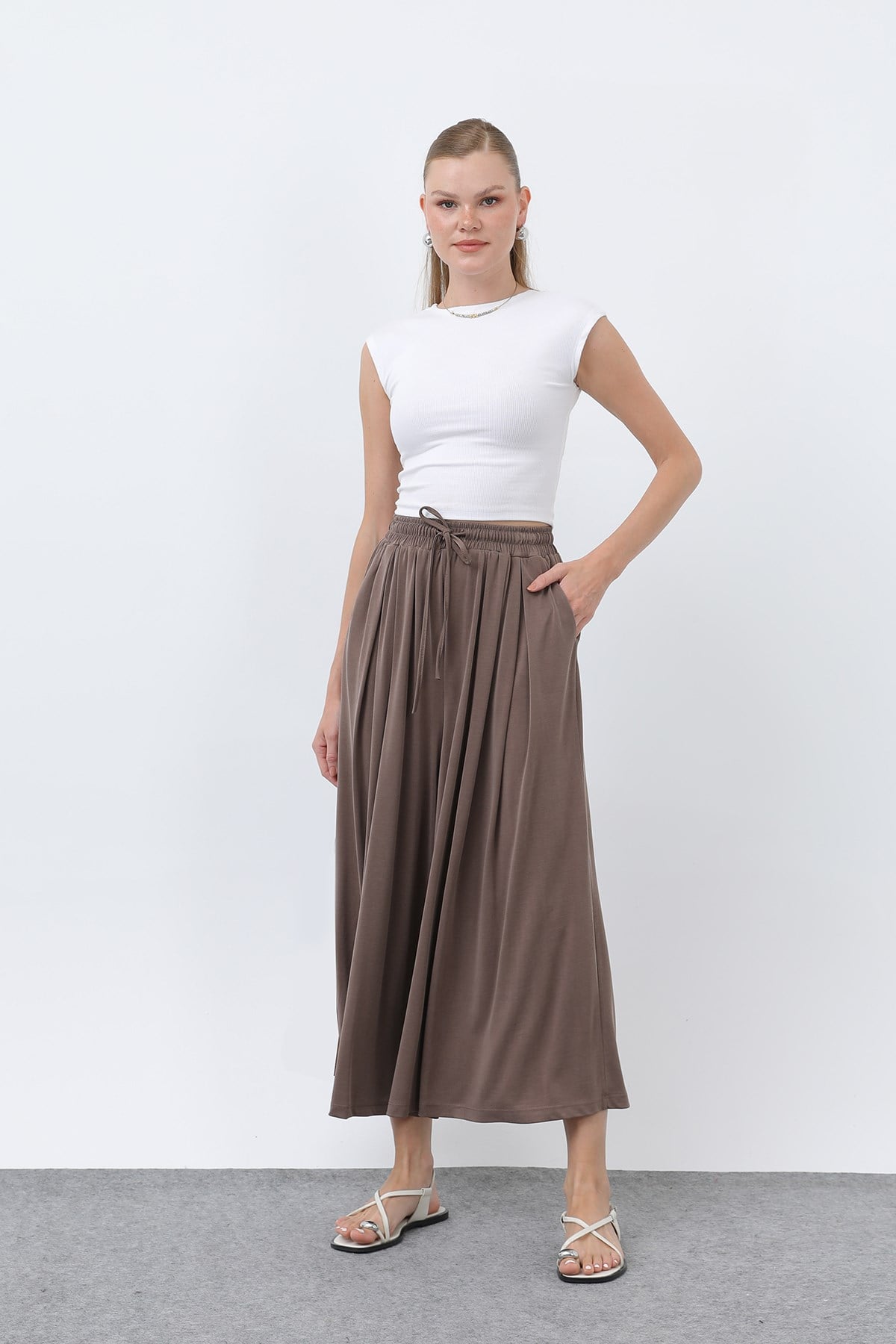 Kadın Beli Kuşaklı Etek Görünümlü Pantolon - 20664PNT - Kahverengi Pantolon Loreen 