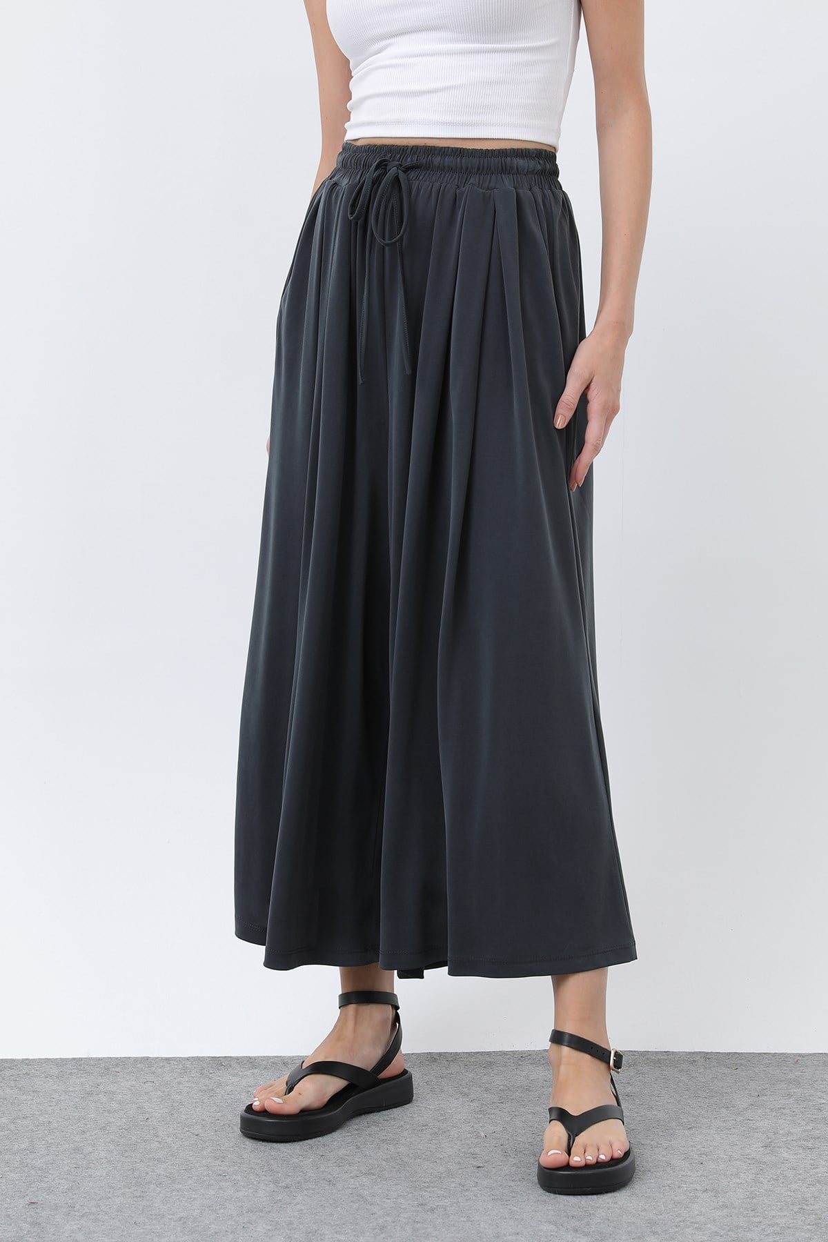 Kadın Beli Kuşaklı Etek Görünümlü Pantolon - 20664PNT - Antrasit Pantolon Loreen 