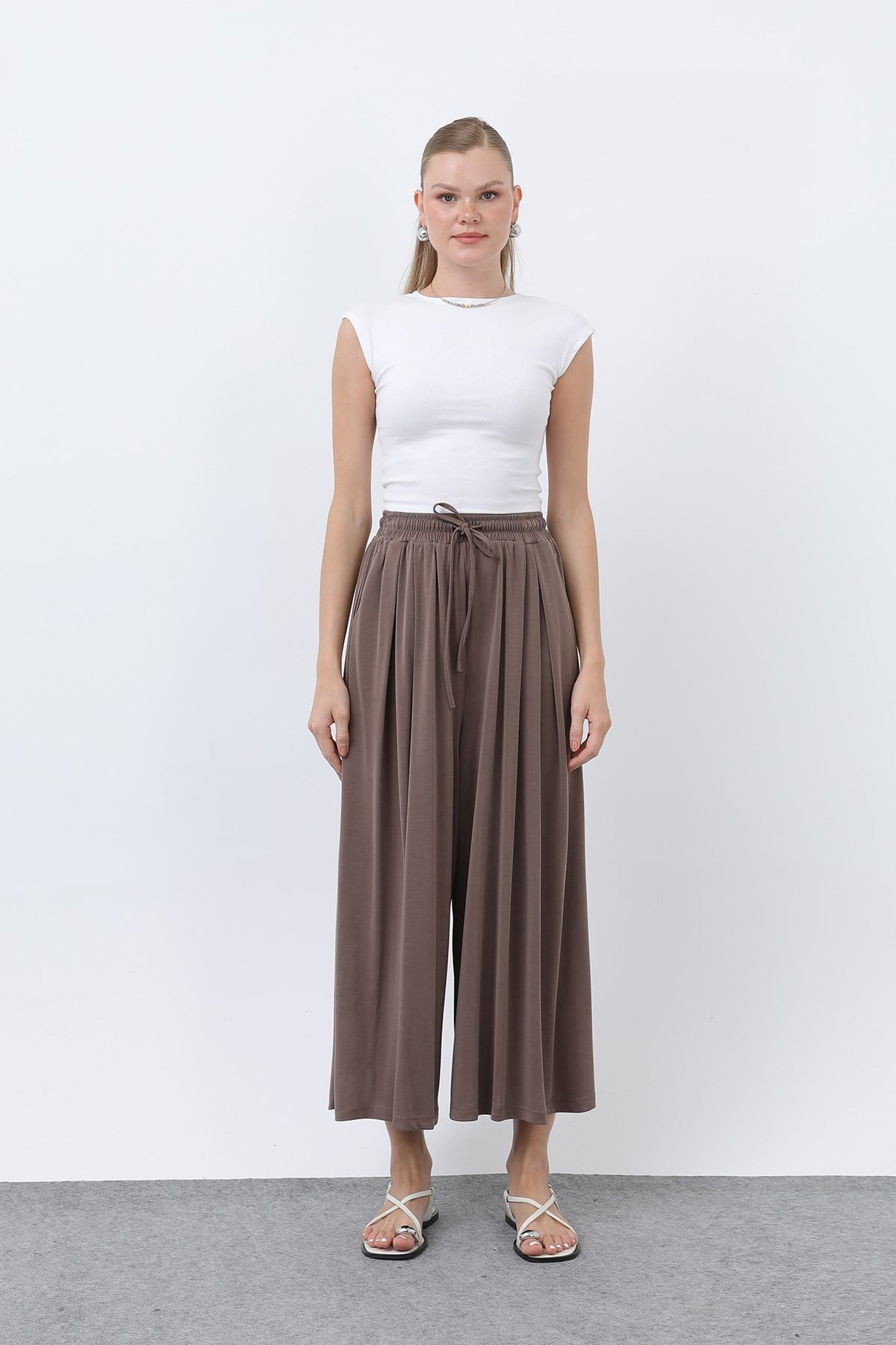 Kadın Beli Kuşaklı Etek Görünümlü Pantolon - 20664PNT - Kahverengi Pantolon Loreen 