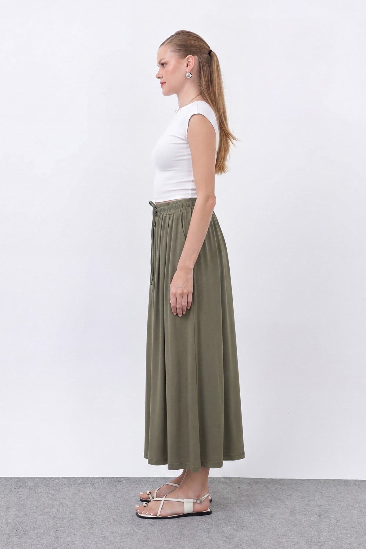 Kadın Beli Kuşaklı Etek Görünümlü Pantolon - 20664PNT - Haki Pantolon Loreen 
