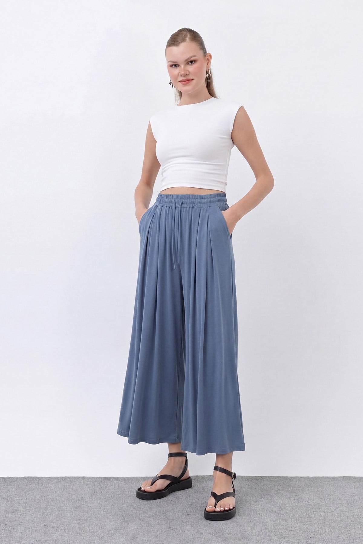 Kadın Beli Kuşaklı Etek Görünümlü Pantolon - 20664PNT - İndigo Pantolon Loreen 