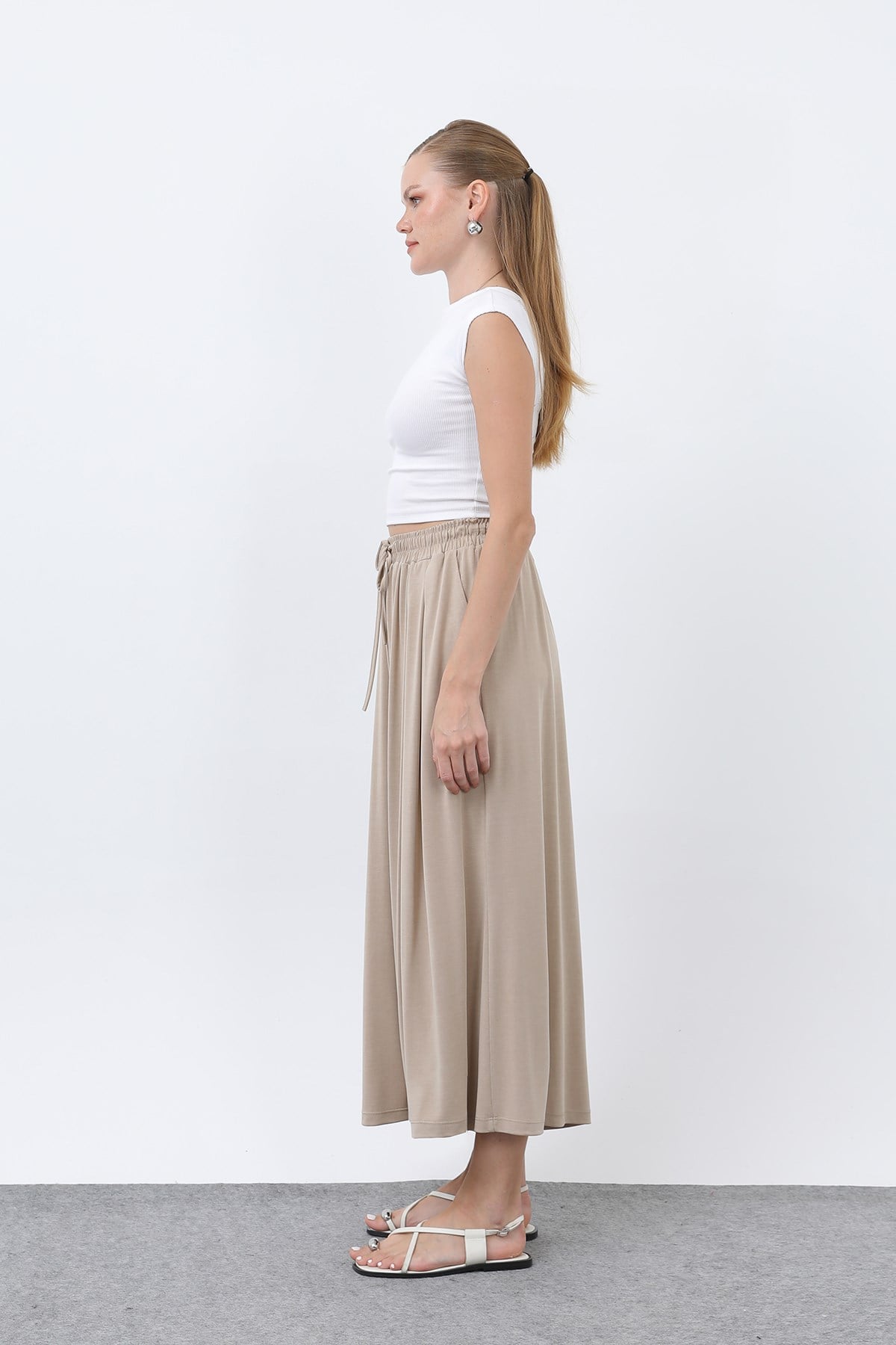 Kadın Beli Kuşaklı Etek Görünümlü Pantolon - 20664PNT - Bej Pantolon Loreen 