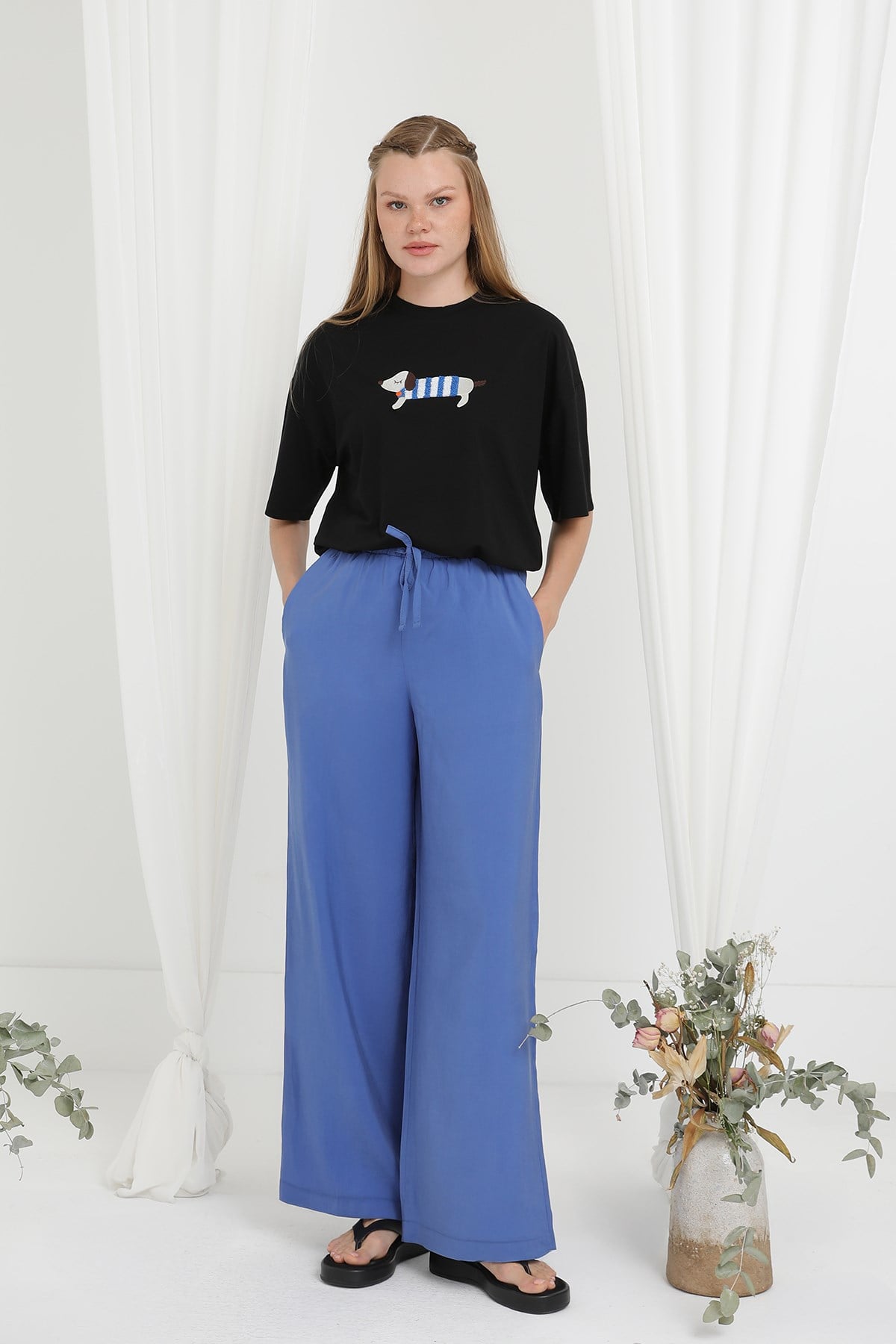 Kadın Beli Lastikli Bağlamalı Bol Pantolon - 20646PNT - İndigo Pantolon Loreen 