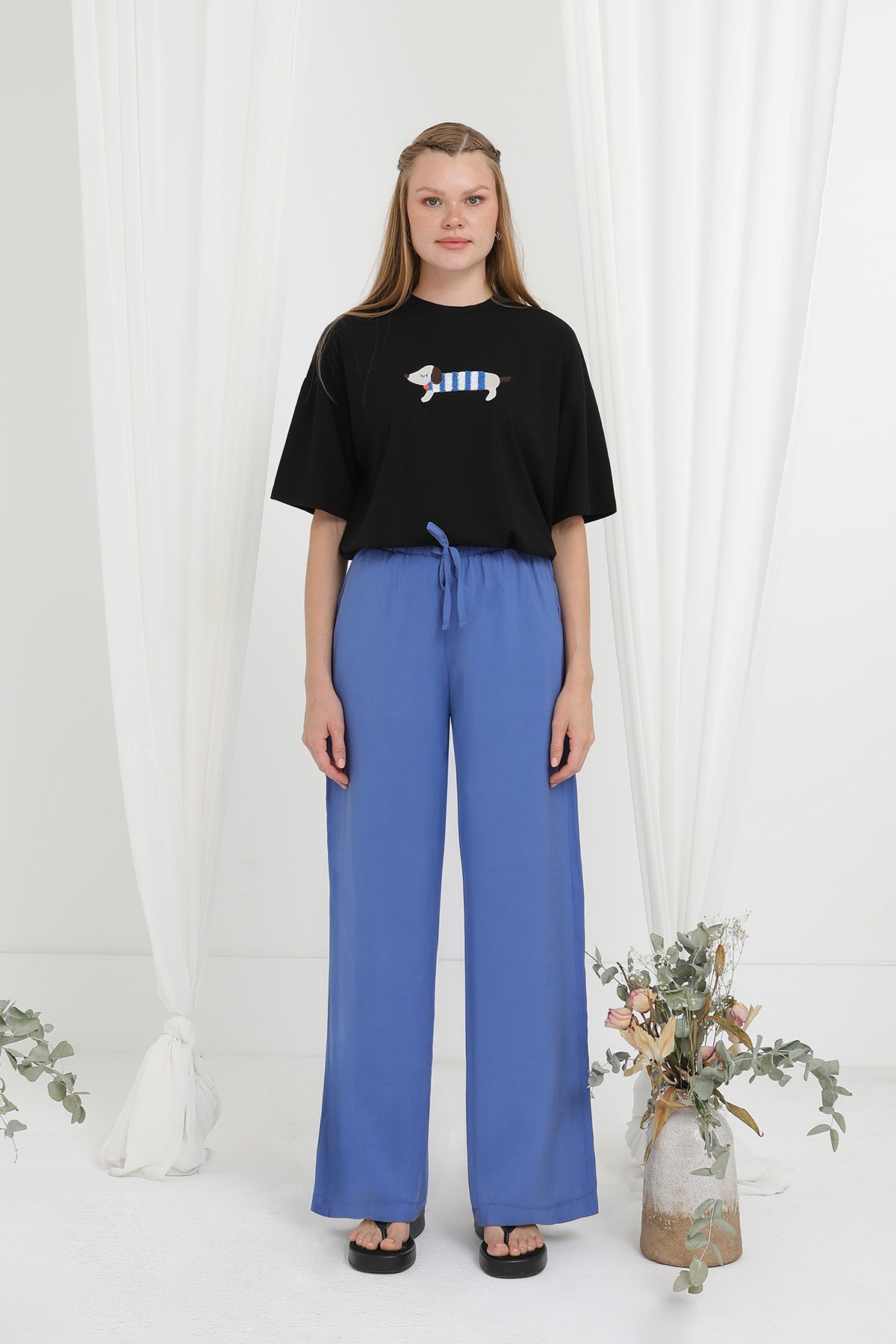 Kadın Beli Lastikli Bağlamalı Bol Pantolon - 20646PNT - İndigo Pantolon Loreen 