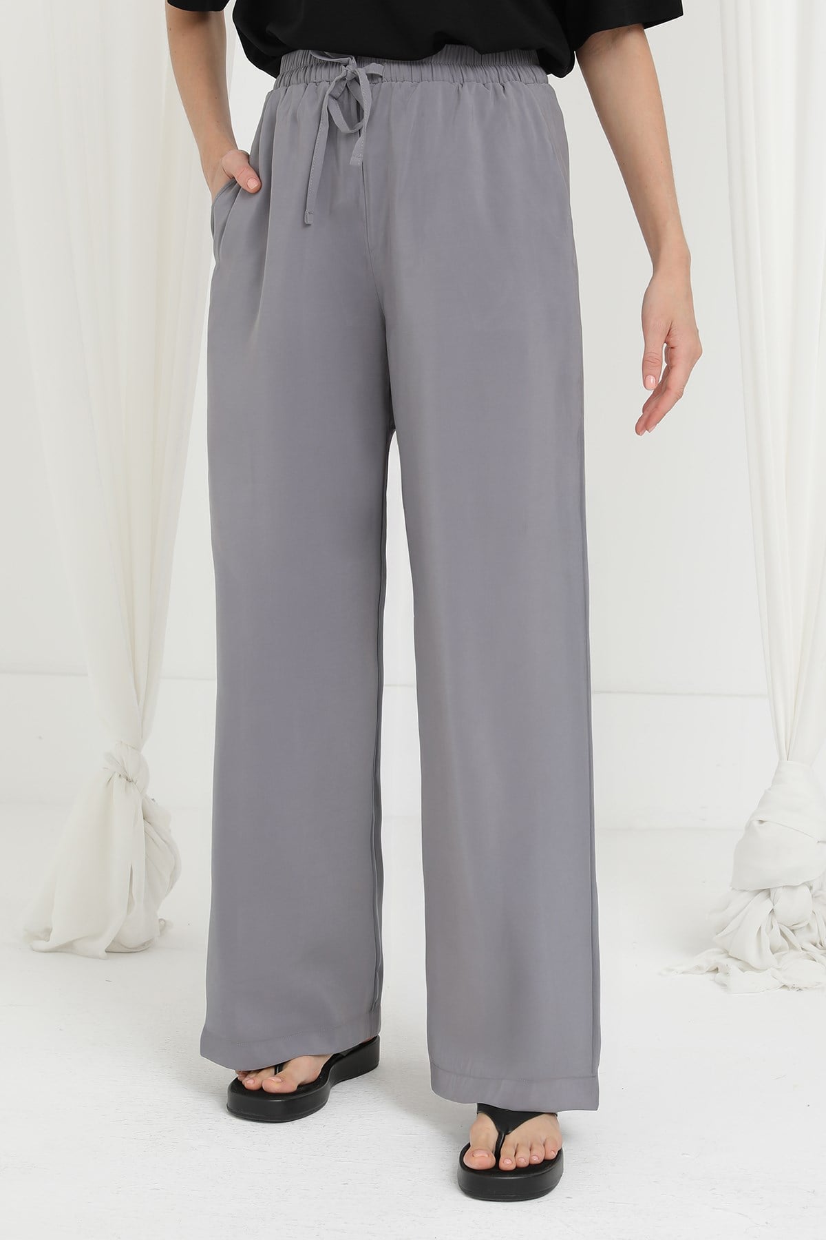 Kadın Beli Lastikli Bağlamalı Bol Pantolon - 20646PNT - Gri Pantolon Loreen 