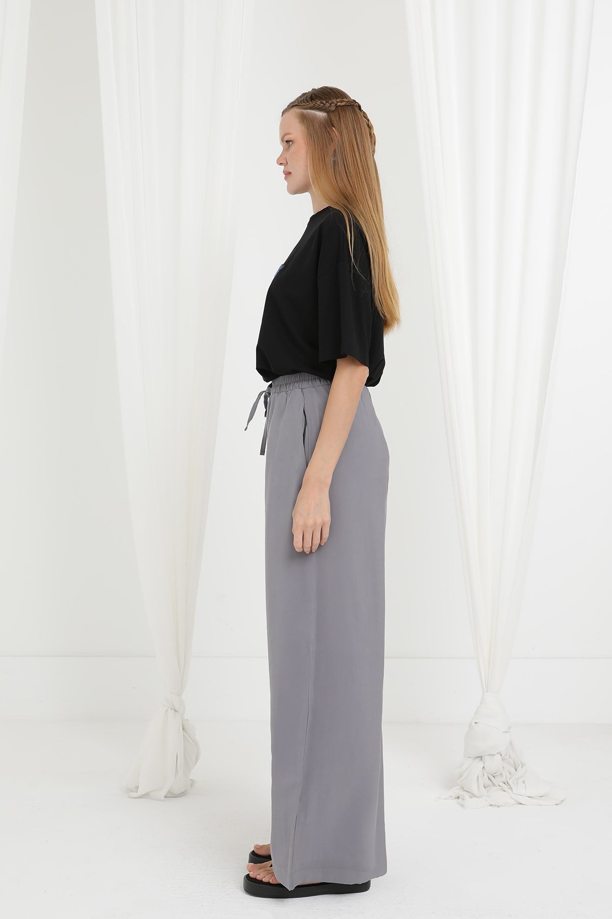 Kadın Beli Lastikli Bağlamalı Bol Pantolon - 20646PNT - Gri Pantolon Loreen 