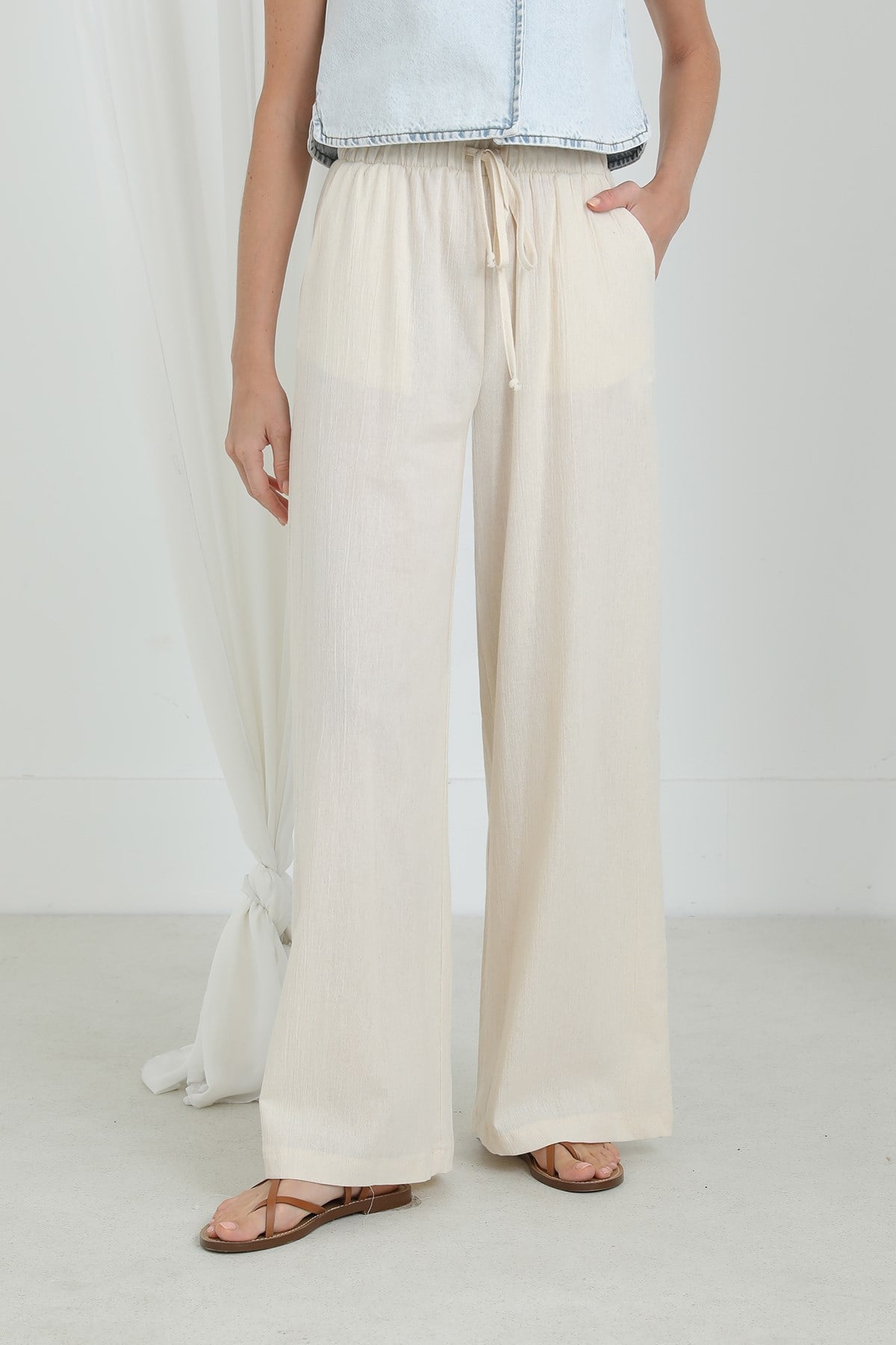 Kadın Beli Lastikli Bol Paça Pantolon -32331PNT - Bej Pantolon Soul 