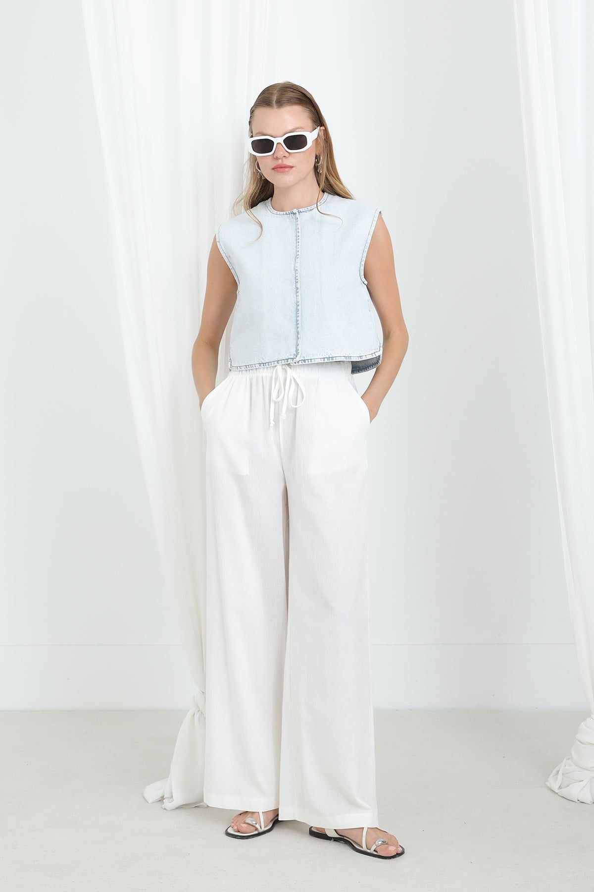 Kadın Beli Lastikli Bol Paça Pantolon -32331PNT Ekru Pantolon Soul 