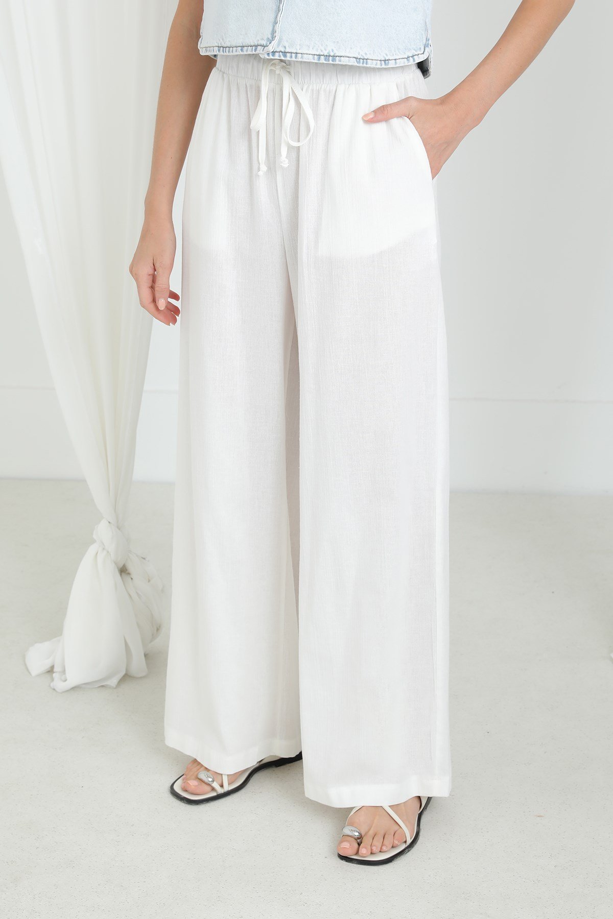 Kadın Beli Lastikli Bol Paça Pantolon -32331PNT Ekru Pantolon Soul 