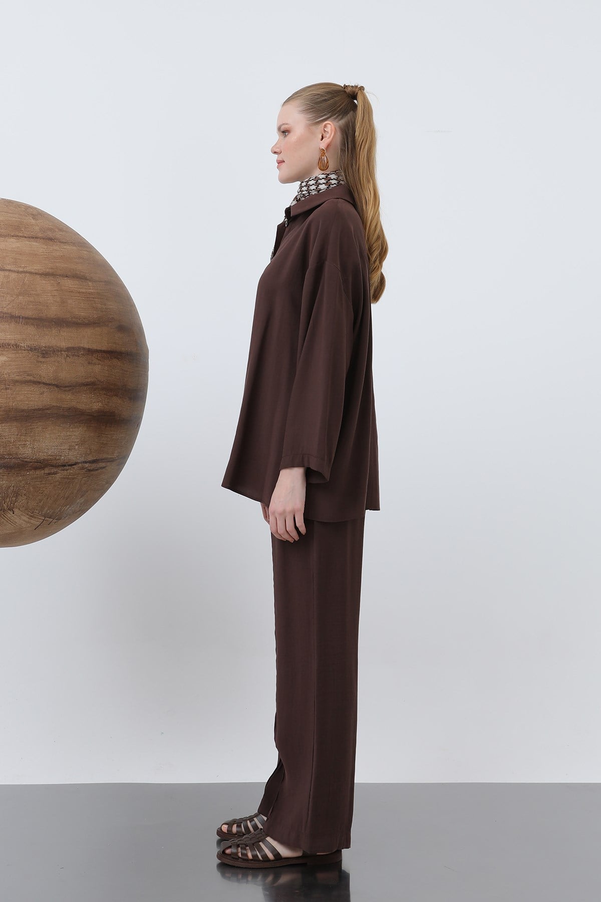 Kadın Beli Lastikli Bol Pantolon - 20630PNT - Kahverengi Pantolon Loreen 