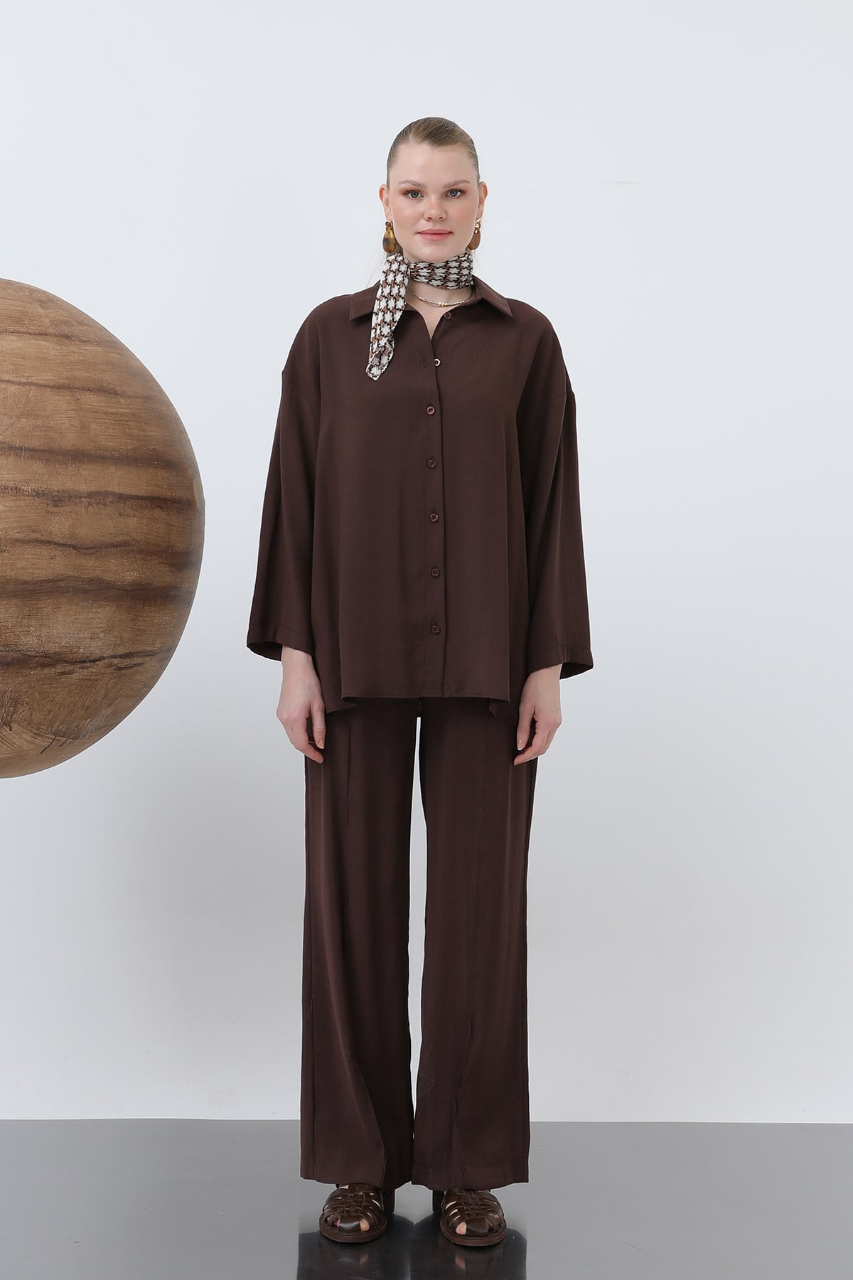 Kadın Beli Lastikli Bol Pantolon - 20630PNT - Kahverengi Pantolon Loreen 