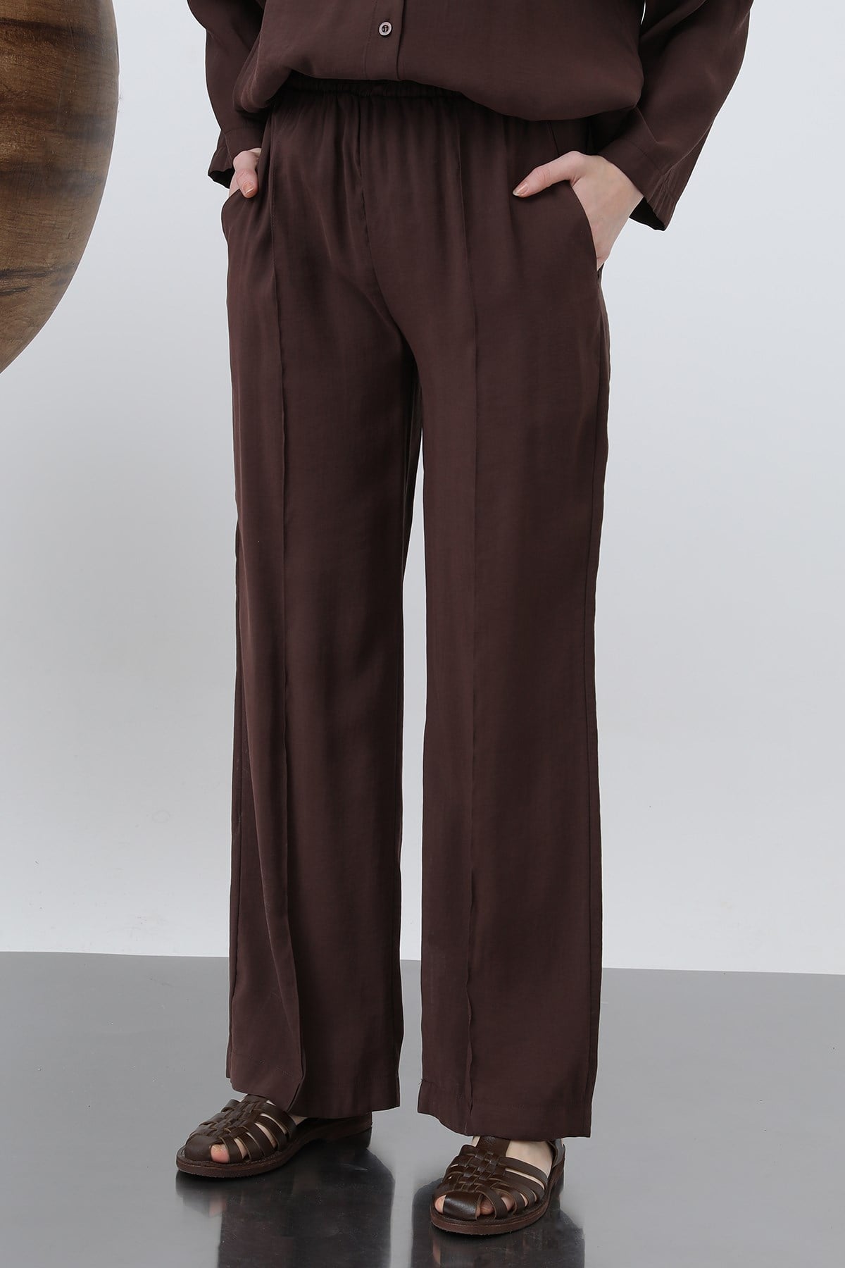 Kadın Beli Lastikli Bol Pantolon - 20630PNT - Kahverengi Pantolon Loreen 