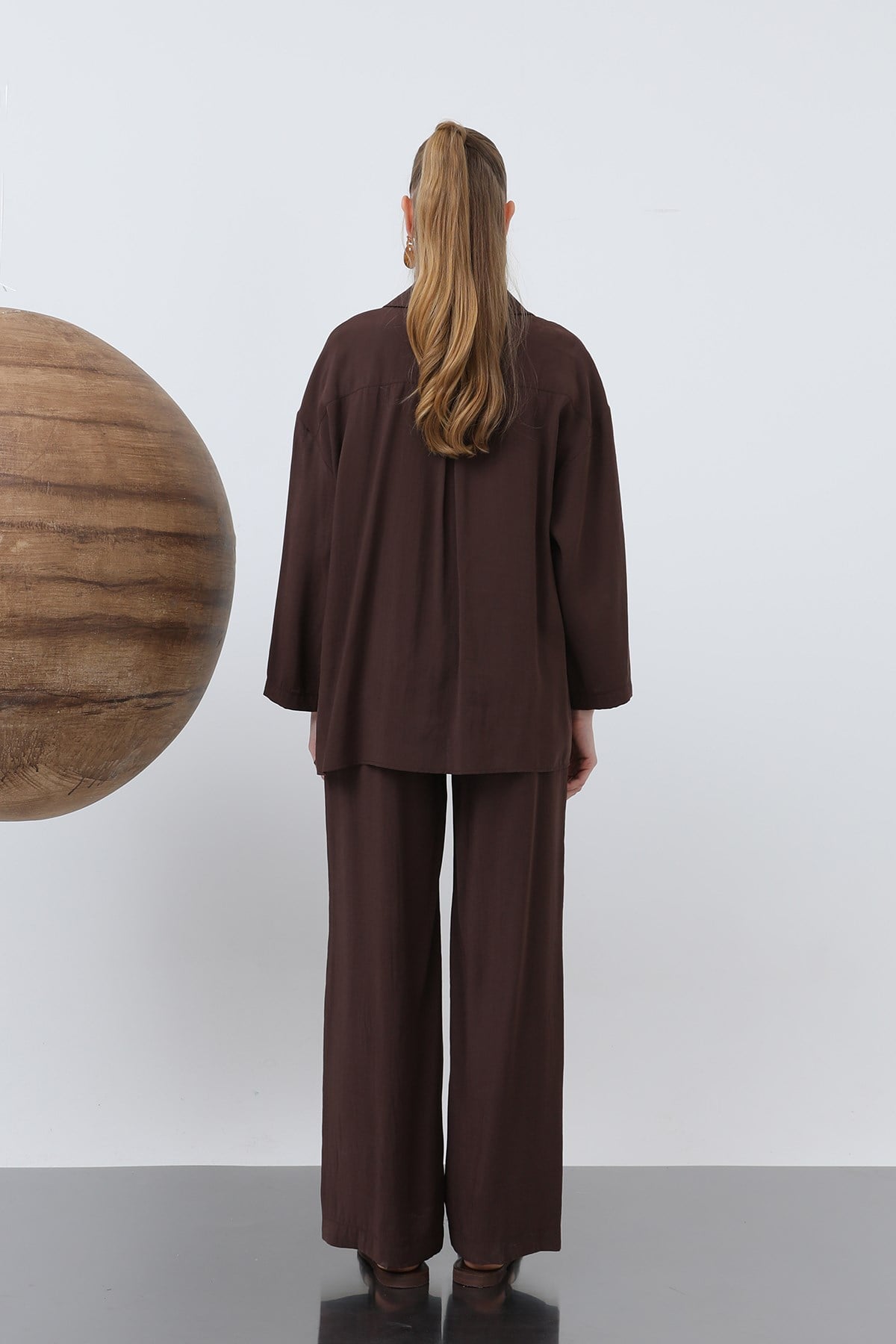 Kadın Beli Lastikli Bol Pantolon - 20630PNT - Kahverengi Pantolon Loreen 