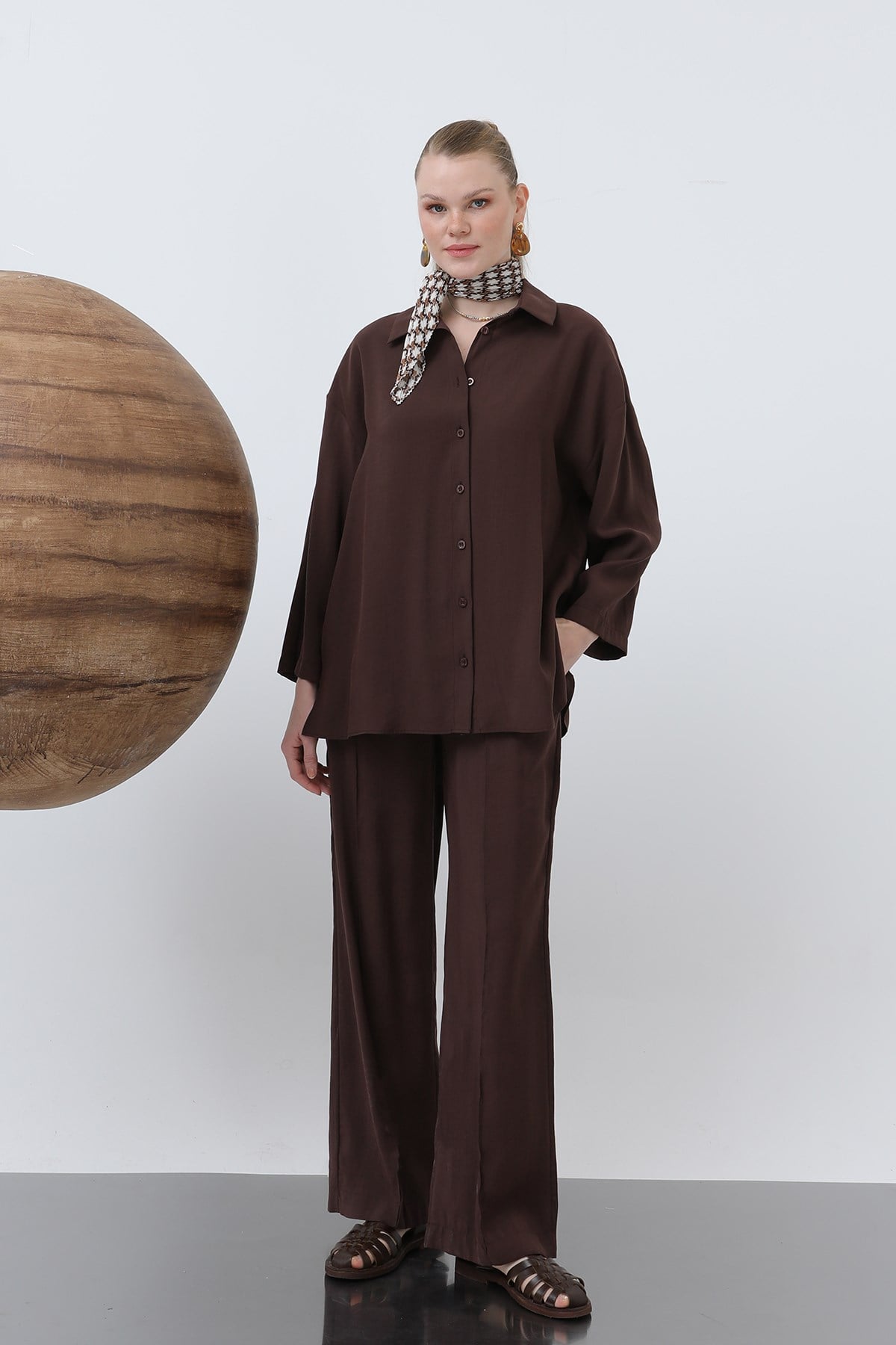 Kadın Beli Lastikli Bol Pantolon - 20630PNT - Kahverengi Pantolon Loreen 