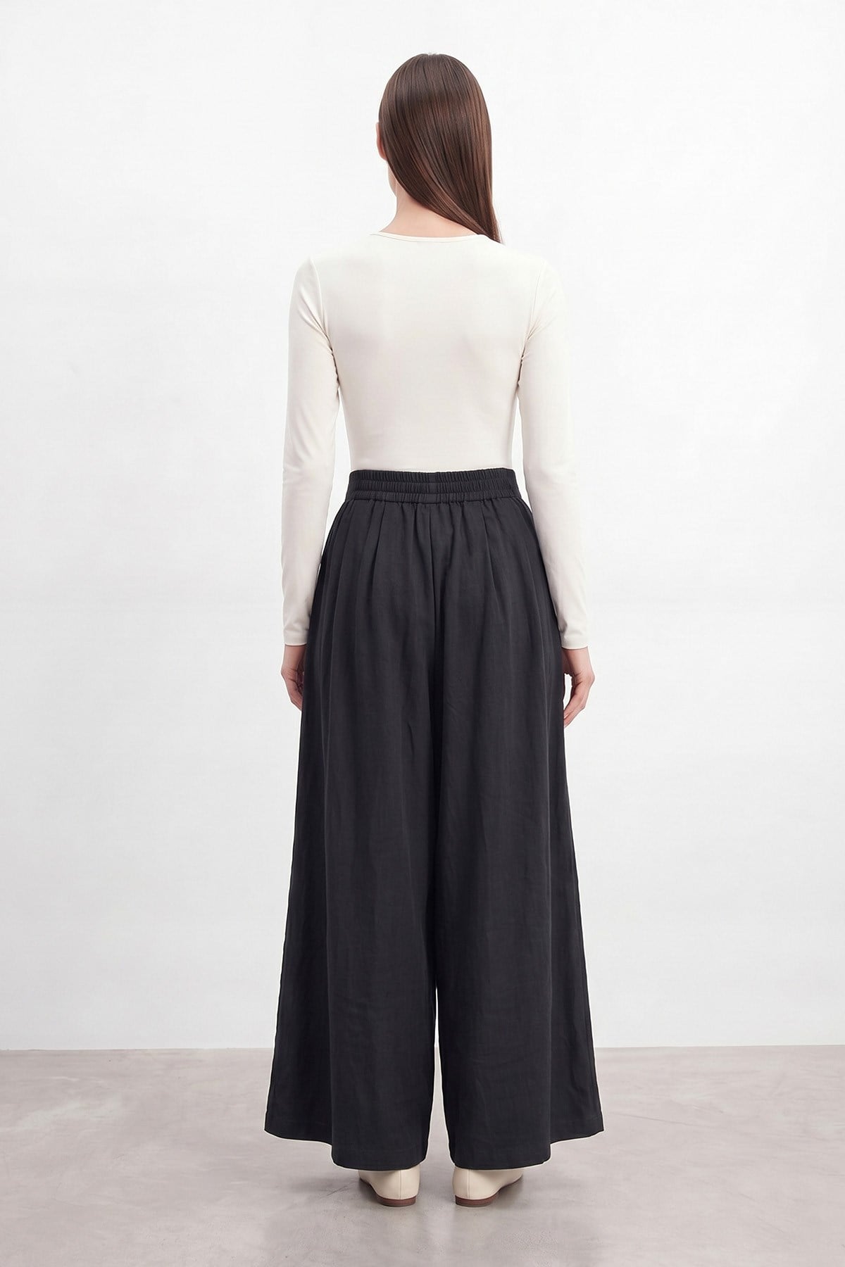 Kadın Beli Lastikli Geniş Paça Dokuma Pantolon – 18310PNT - Siyah Pantolon Puane 