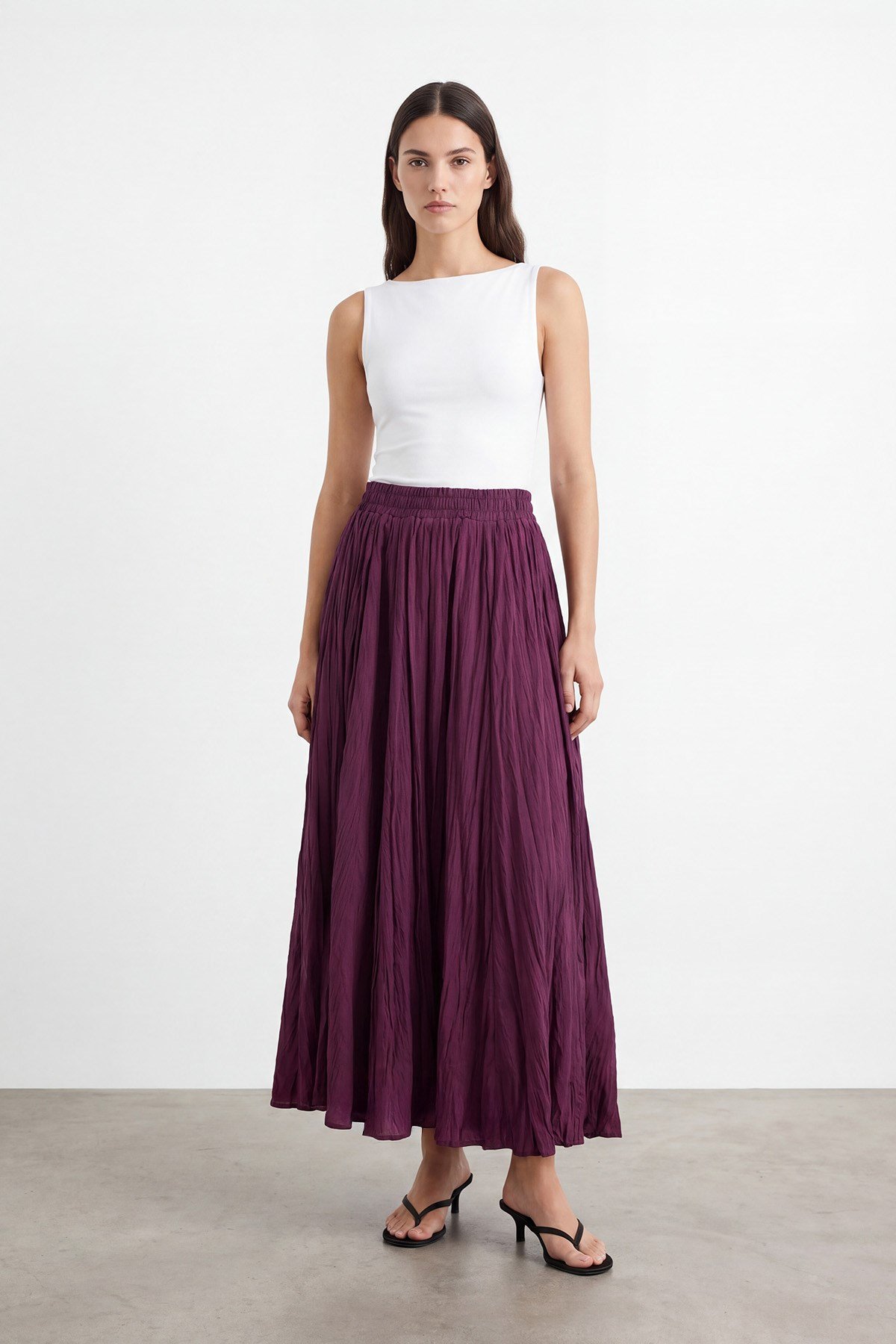 Kadın Beli Lastikli Krinkıl Maxi Etek - 18302ETK - Mürdüm Etek Puane 