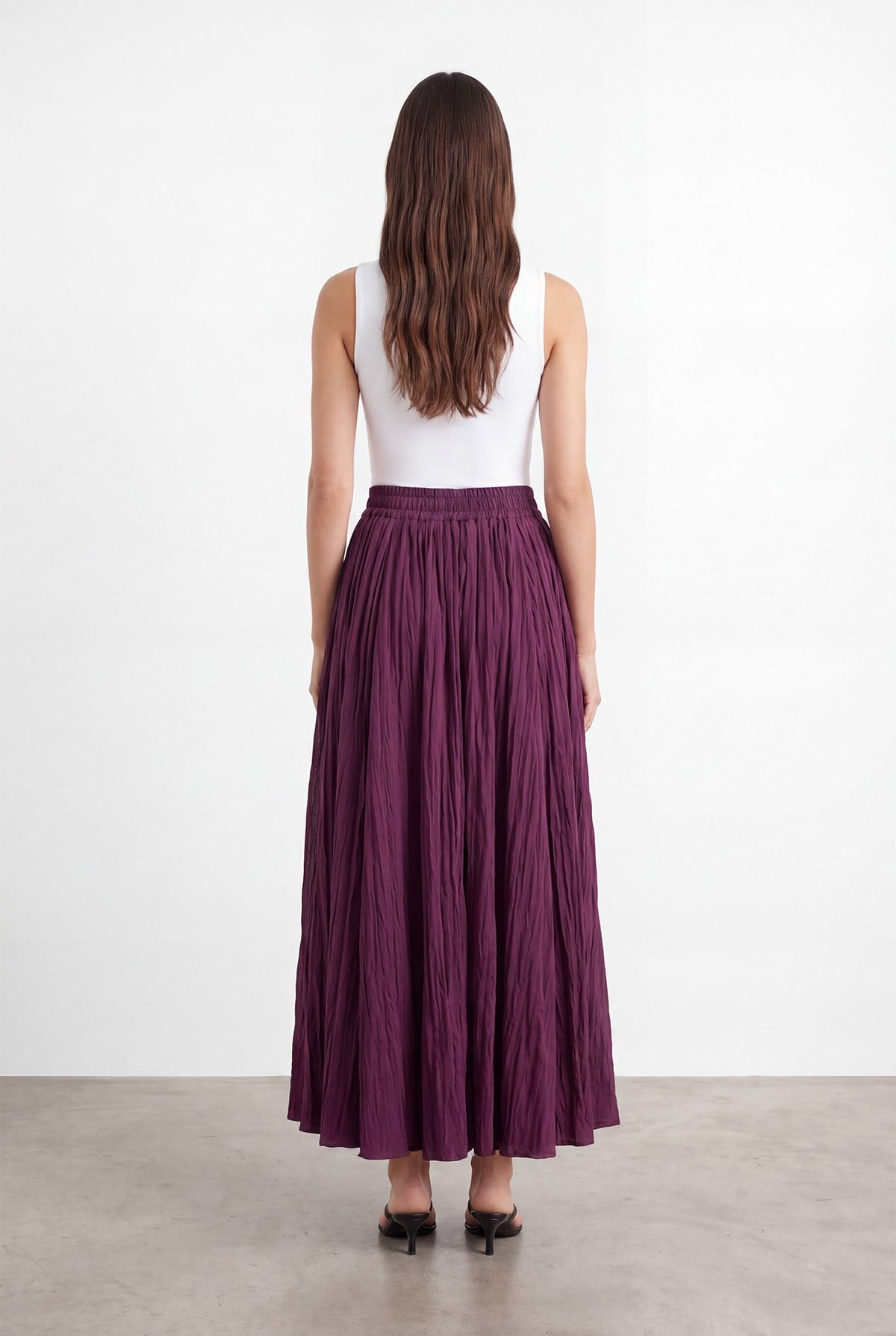 Kadın Beli Lastikli Krinkıl Maxi Etek - 18302ETK - Mürdüm Etek Puane 