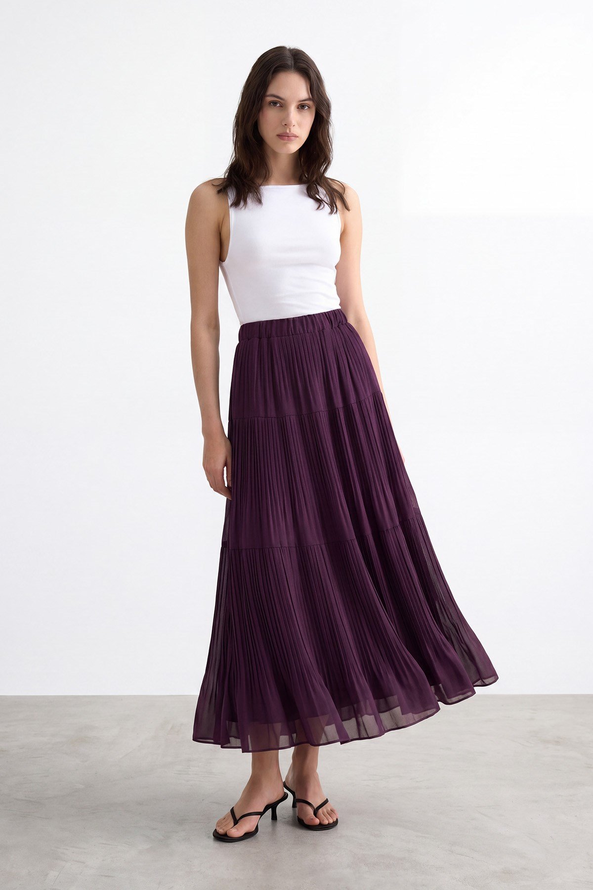 Kadın Beli Lastikli Piliseli Maxi  Etek – 18306 ETK - Mürdüm Etek Puane 