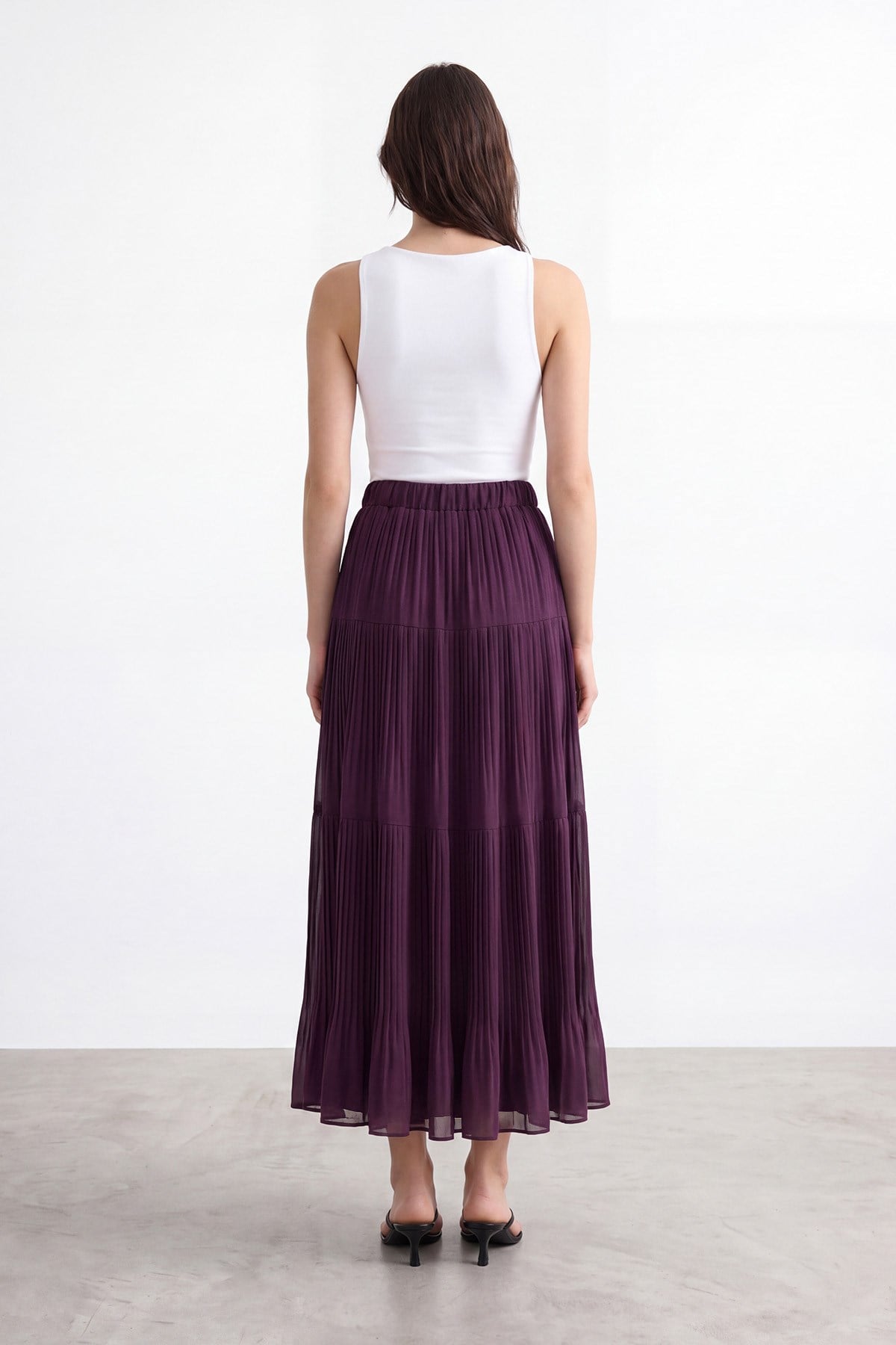 Kadın Beli Lastikli Piliseli Maxi  Etek – 18306 ETK - Mürdüm Etek Puane 
