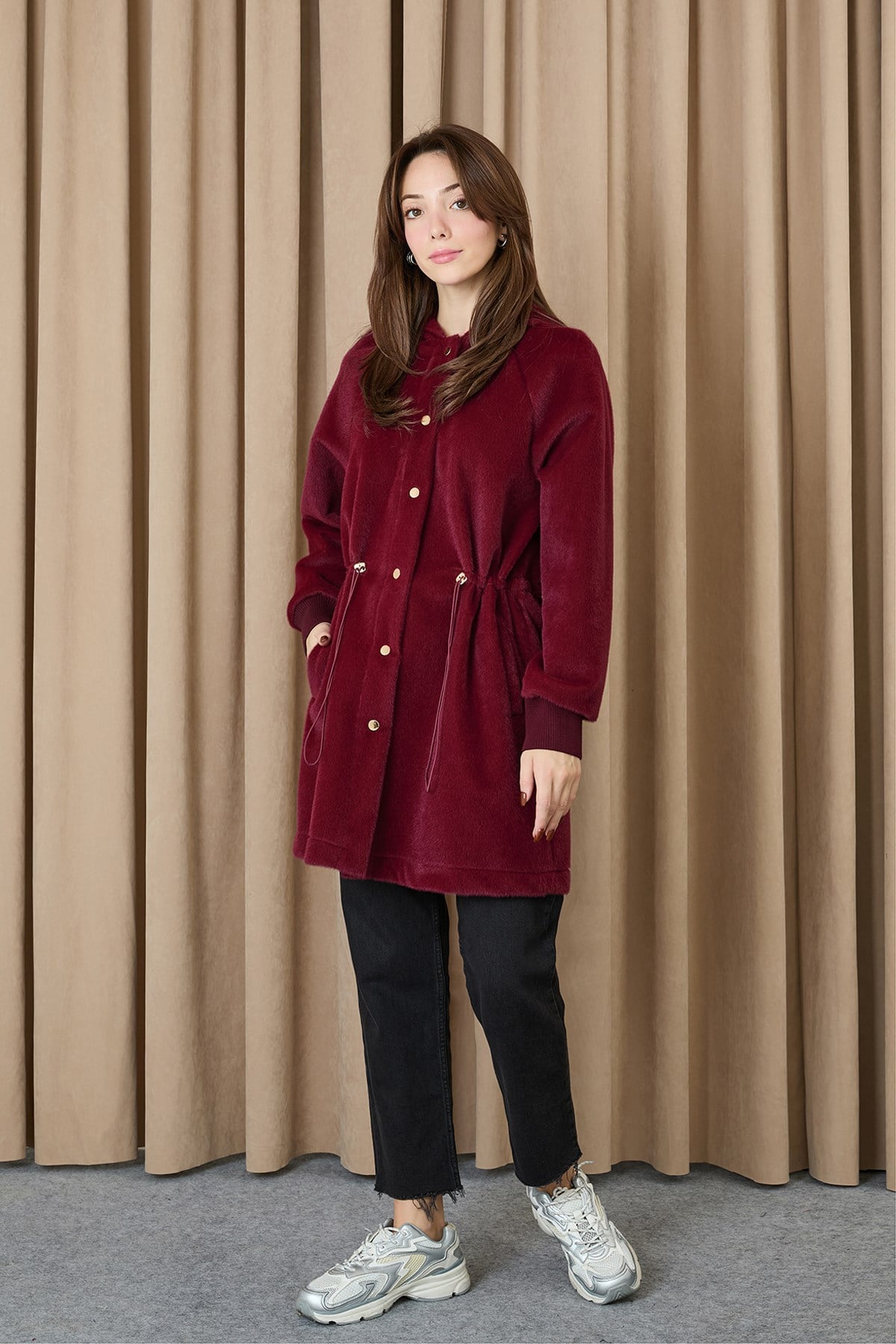 Kadın Beli Tünelli Kapüşonlu Fox Kaban - 15222KBN Bordo Kaban Puane 