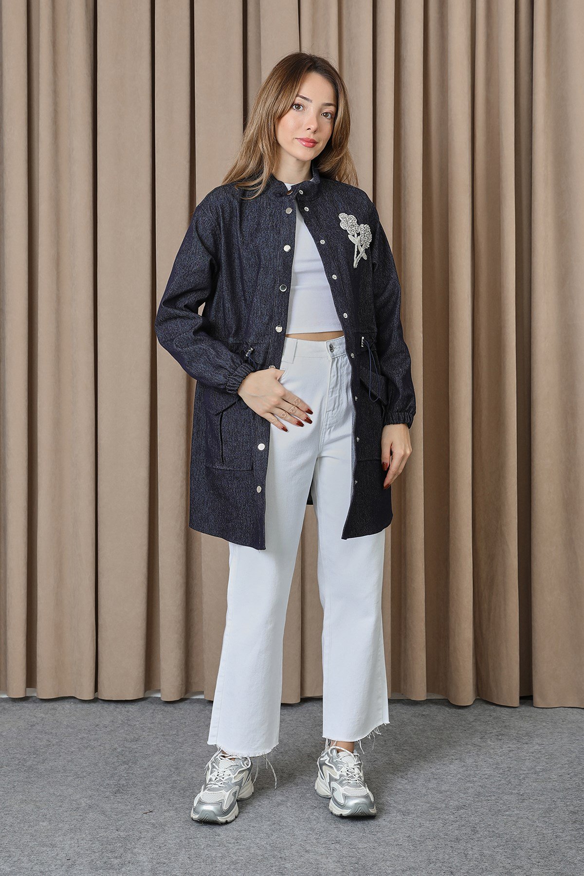 Kadın Beli Tünelli ve Aksesuarlı Denim Tunik - 10732TUN - Lacivert Tunik Puane 