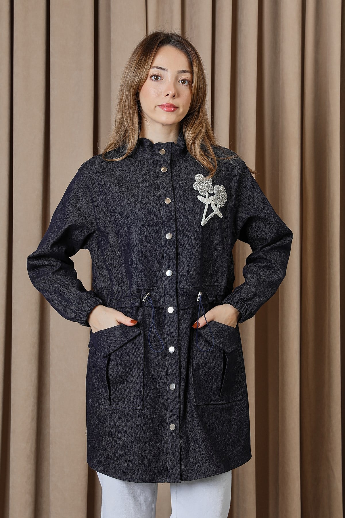 Kadın Beli Tünelli ve Aksesuarlı Denim Tunik - 10732TUN - Lacivert Tunik Puane 