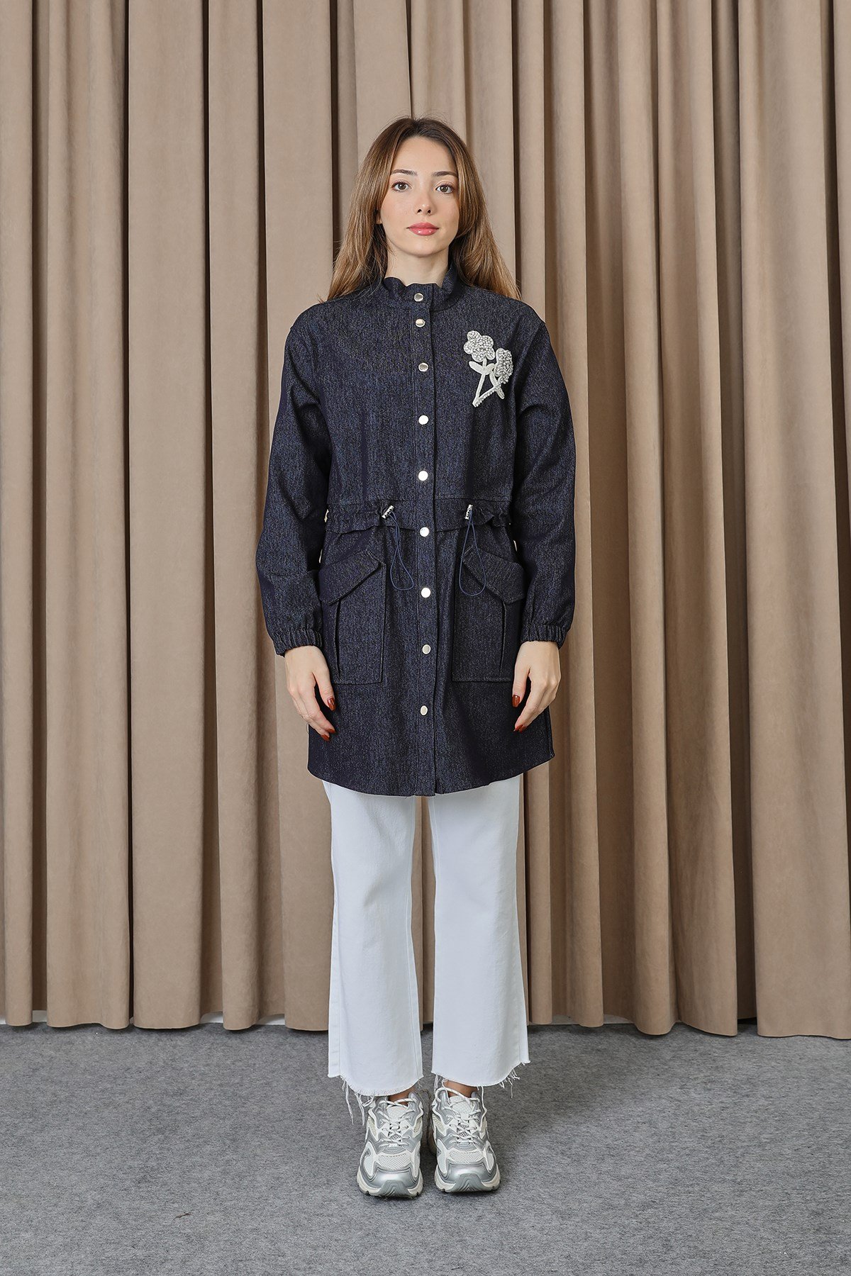 Kadın Beli Tünelli ve Aksesuarlı Denim Tunik - 10732TUN - Lacivert Tunik Puane 