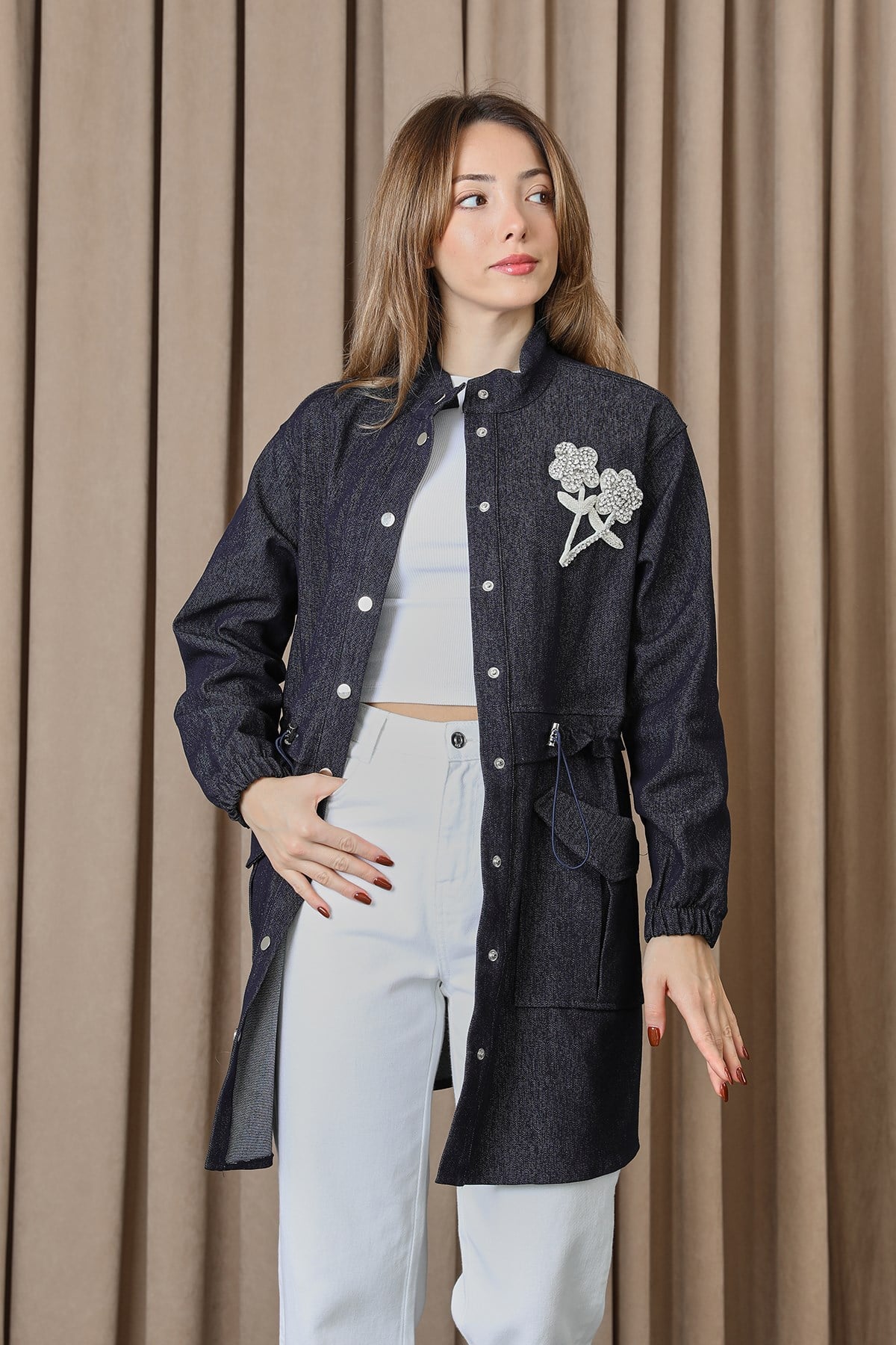 Kadın Beli Tünelli ve Aksesuarlı Denim Tunik - 10732TUN - Lacivert Tunik Puane 
