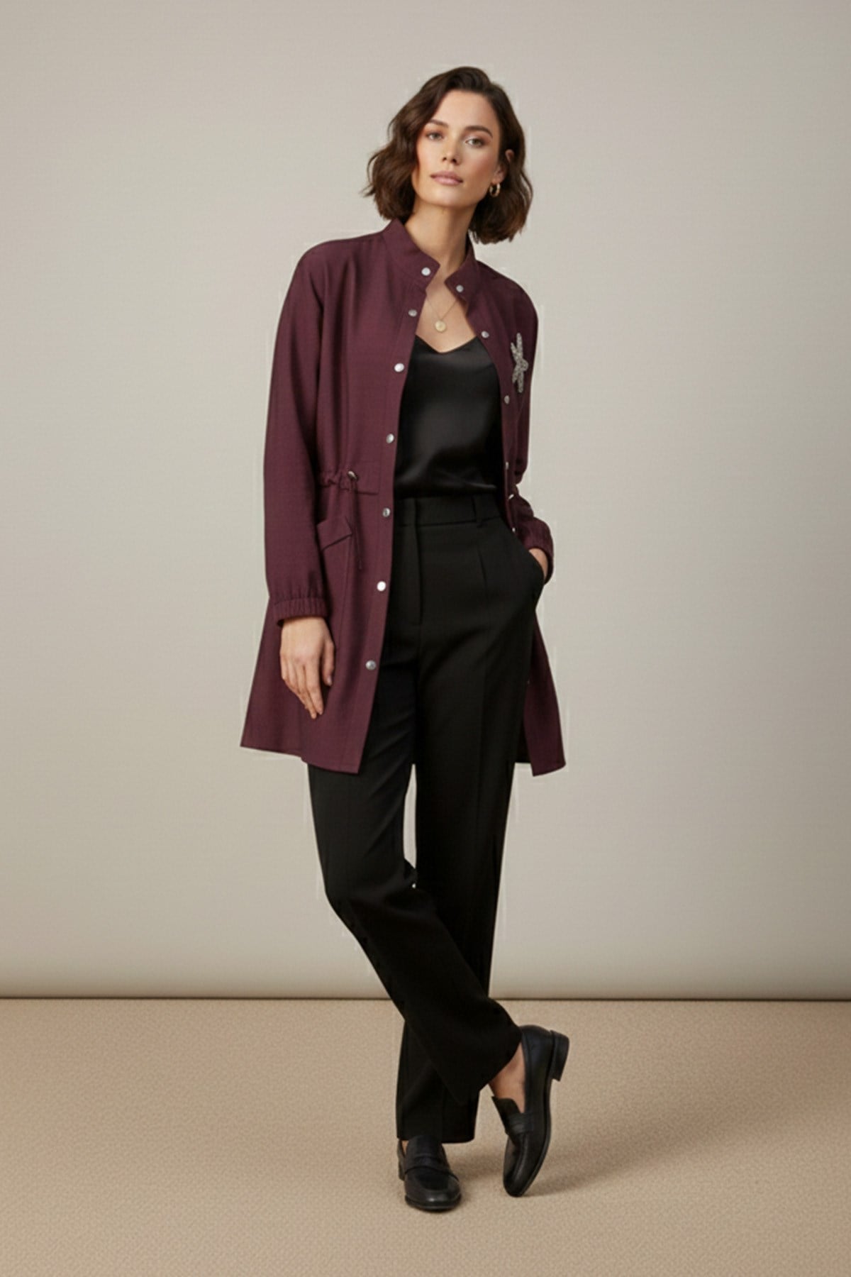 Kadın Beli Tünelli ve Aksesuarlı Tunik - 10741TUN - Bordo Tunik Puane 