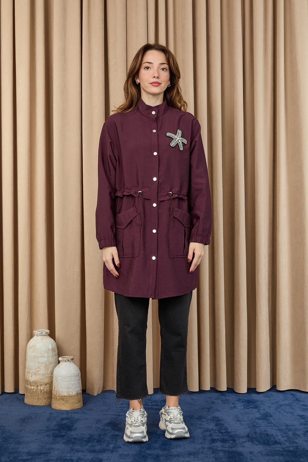 Kadın Beli Tünelli ve Aksesuarlı Tunik - 10741TUN - Bordo Tunik Puane 