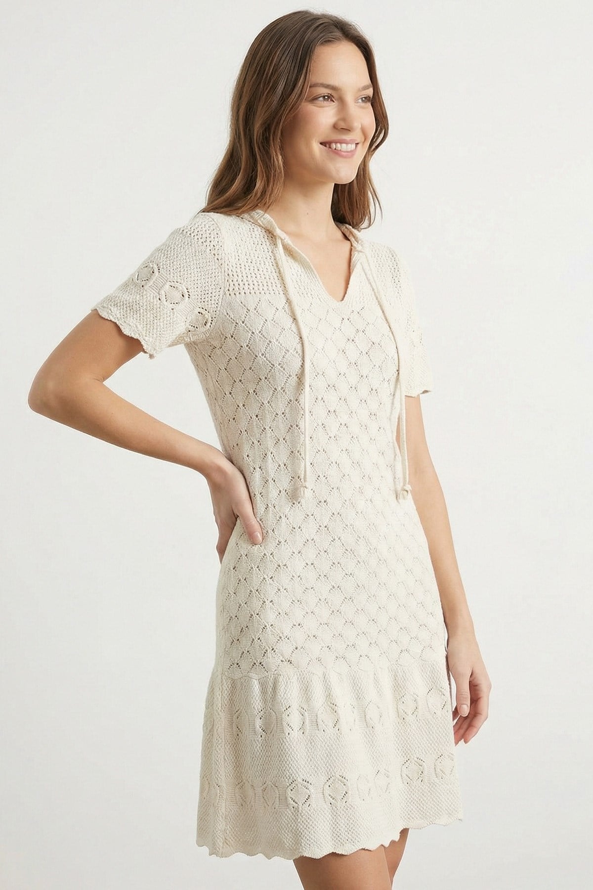 Kadın Brodeli Mini Elbise  - 31733ELB - Bej Günlük Elbise Soul 