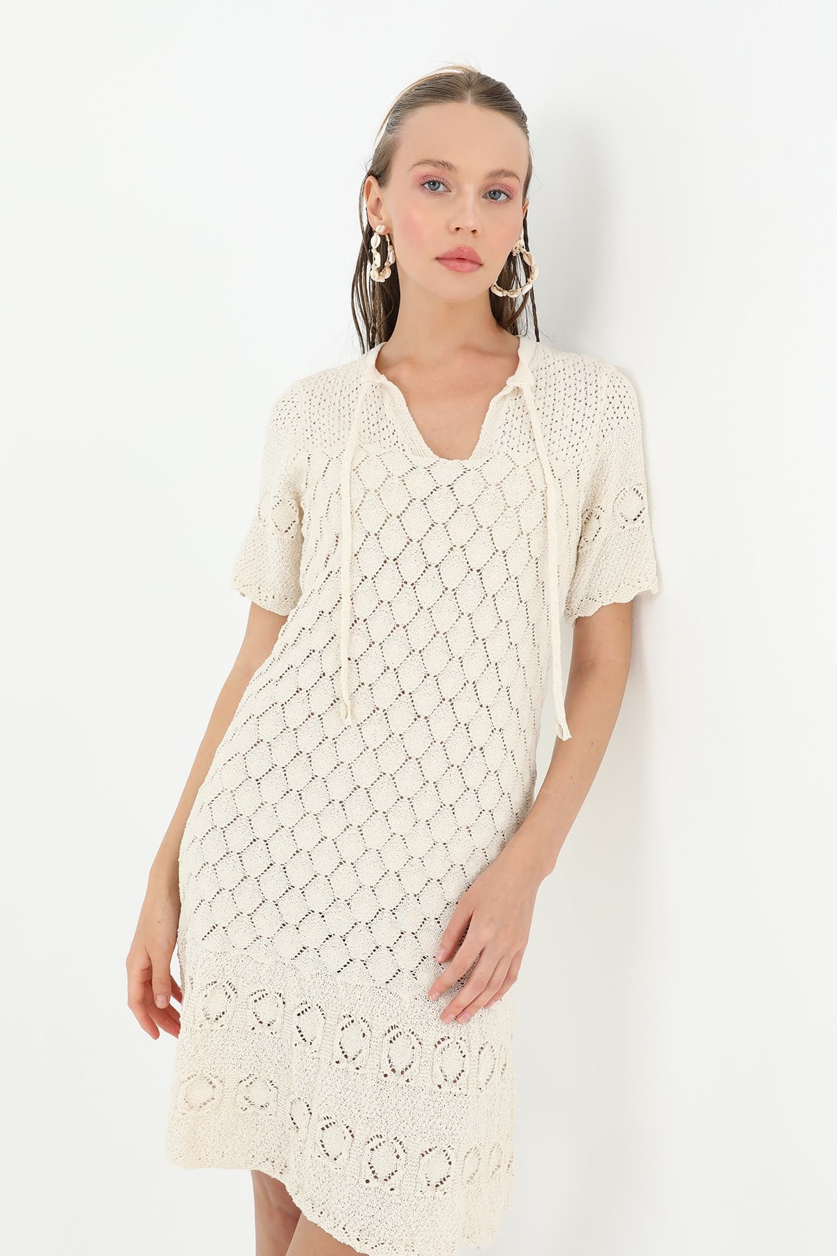 Kadın Brodeli Mini Elbise  - 31733ELB - Bej Günlük Elbise Soul 