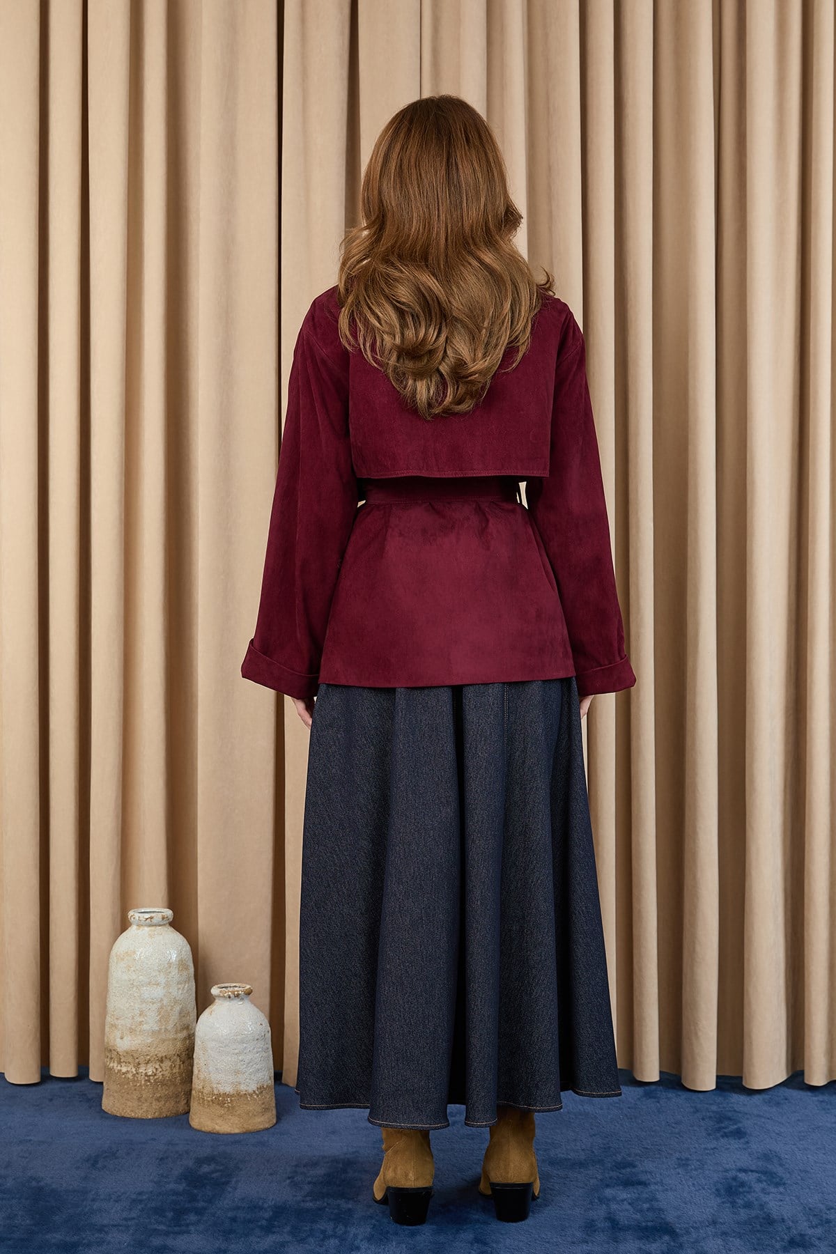 Kadın Broş Detaylı Kısa Trench  - 32405 - Bordo Trençkot Soul 