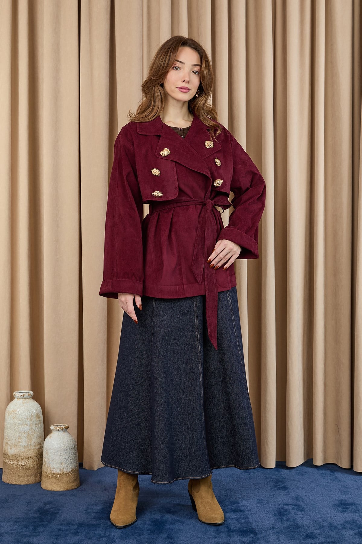 Kadın Broş Detaylı Kısa Trench  - 32405 - Bordo Trençkot Soul 